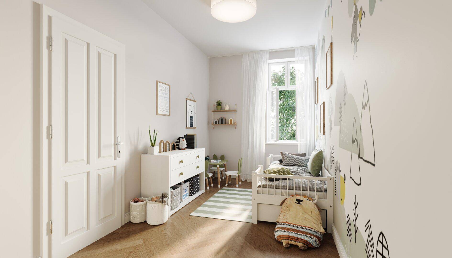 Helles Kinderzimmer mit spielerischer Wandgestaltung, kleinem Bett und Holzfußboden.