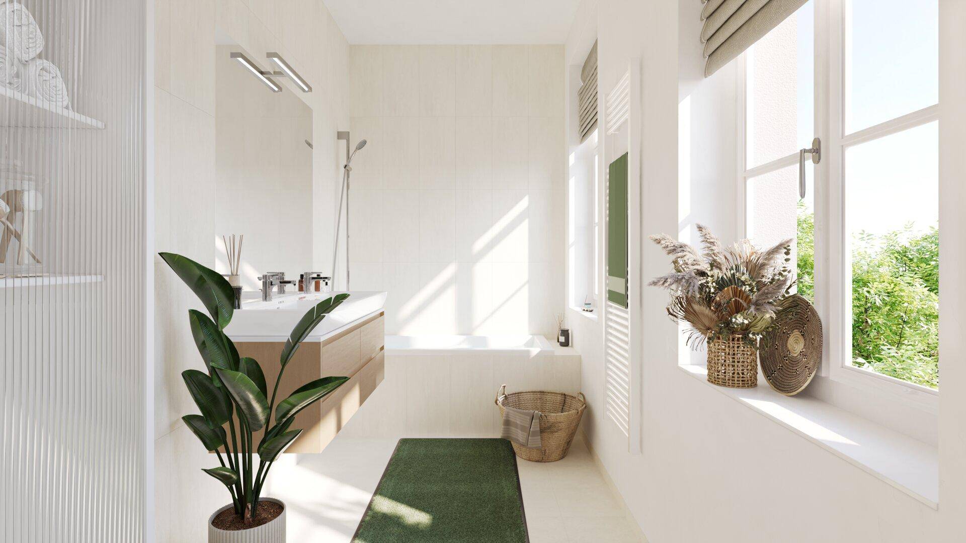 Modernes Badezimmer mit Badewanne, großem Fenster und schwebendem Waschtisch, das viel Licht bietet.