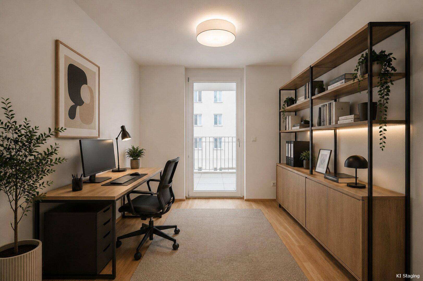 Modernes Arbeitszimmer mit Schreibtisch, Regalwand und Zugang zu einem französischen Balkon.