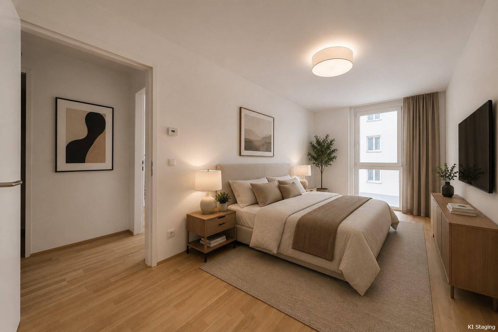 Gemütliches Schlafzimmer mit Doppelbett, Holzboden und großem Fenster für viel Tageslicht.