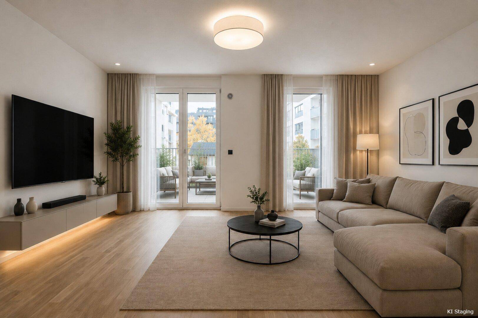 Geräumiges Wohnzimmer mit beigem Ecksofa, Holzboden und Zugang zu zwei Balkonen.