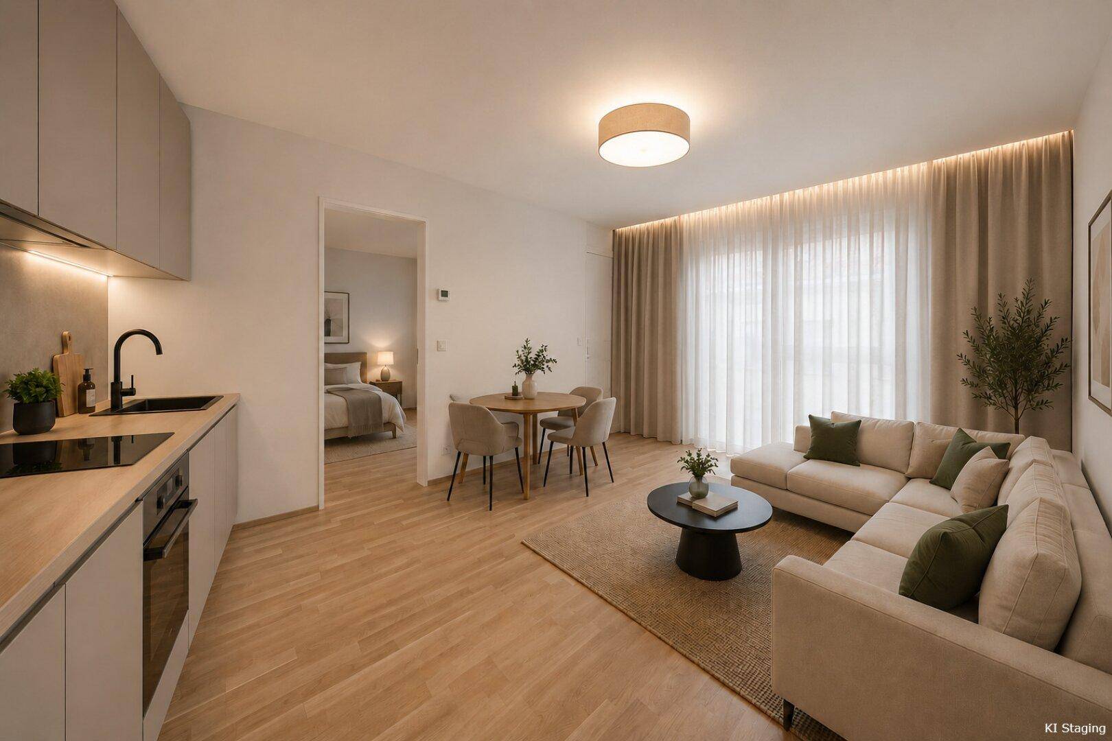 Offener Wohn- und Essbereich mit integrierter Küche, modernem Sofa und Zugang zum Schlafzimmer.