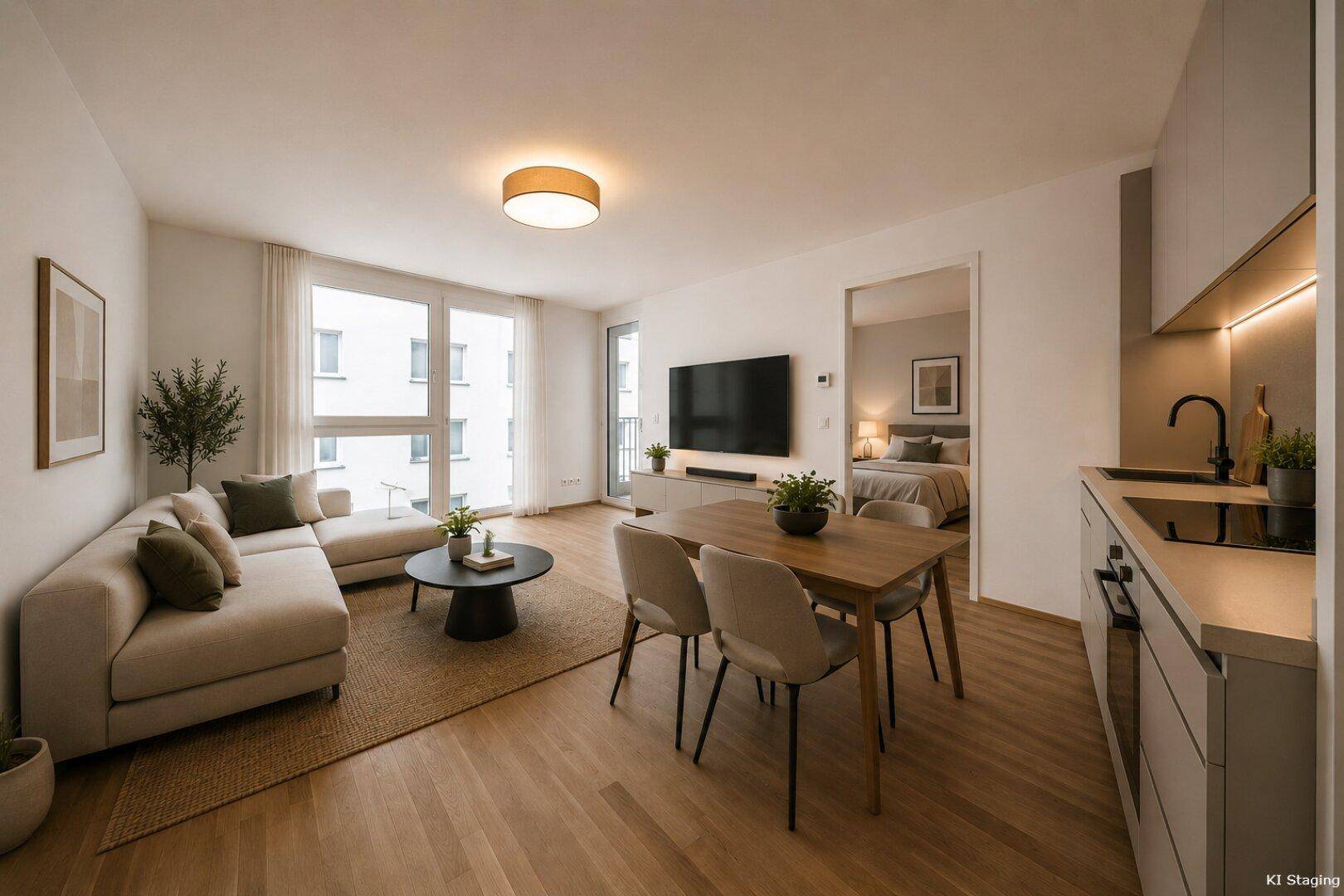 Offener Wohn-Essbereich mit integrierter Küche, Sofa und Esstisch.