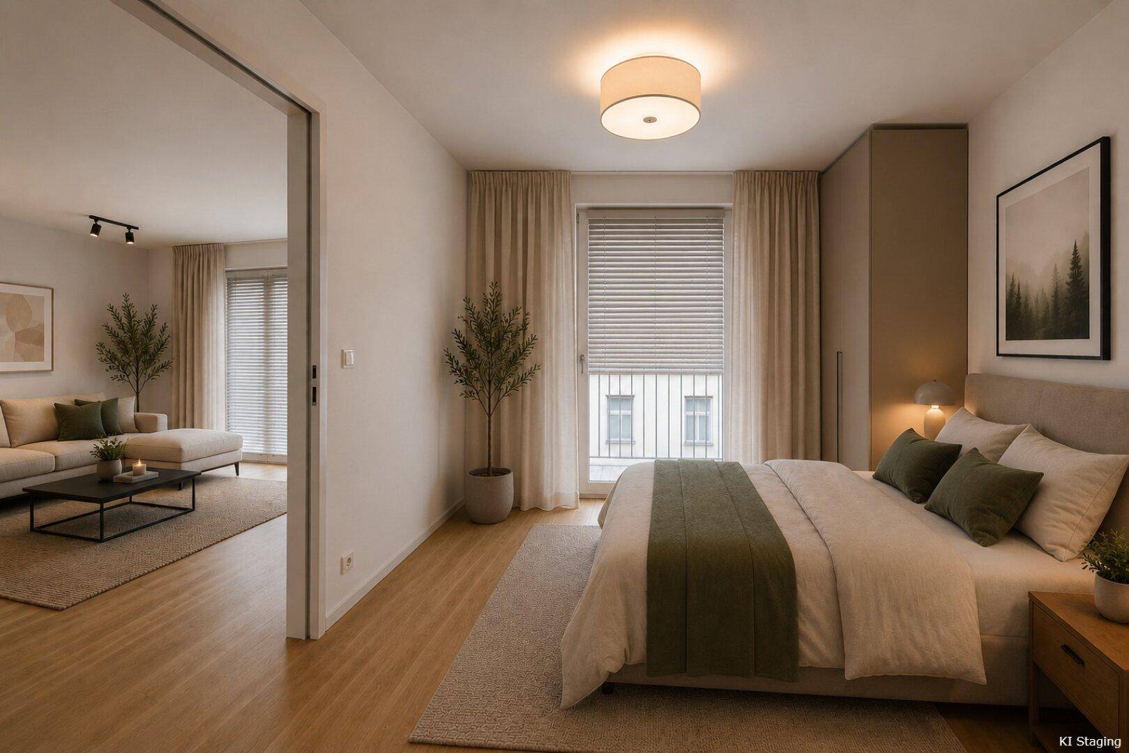 Helles Schlafzimmer mit Doppelbett, Parkettboden und Blick in den offenen Wohnbereich.