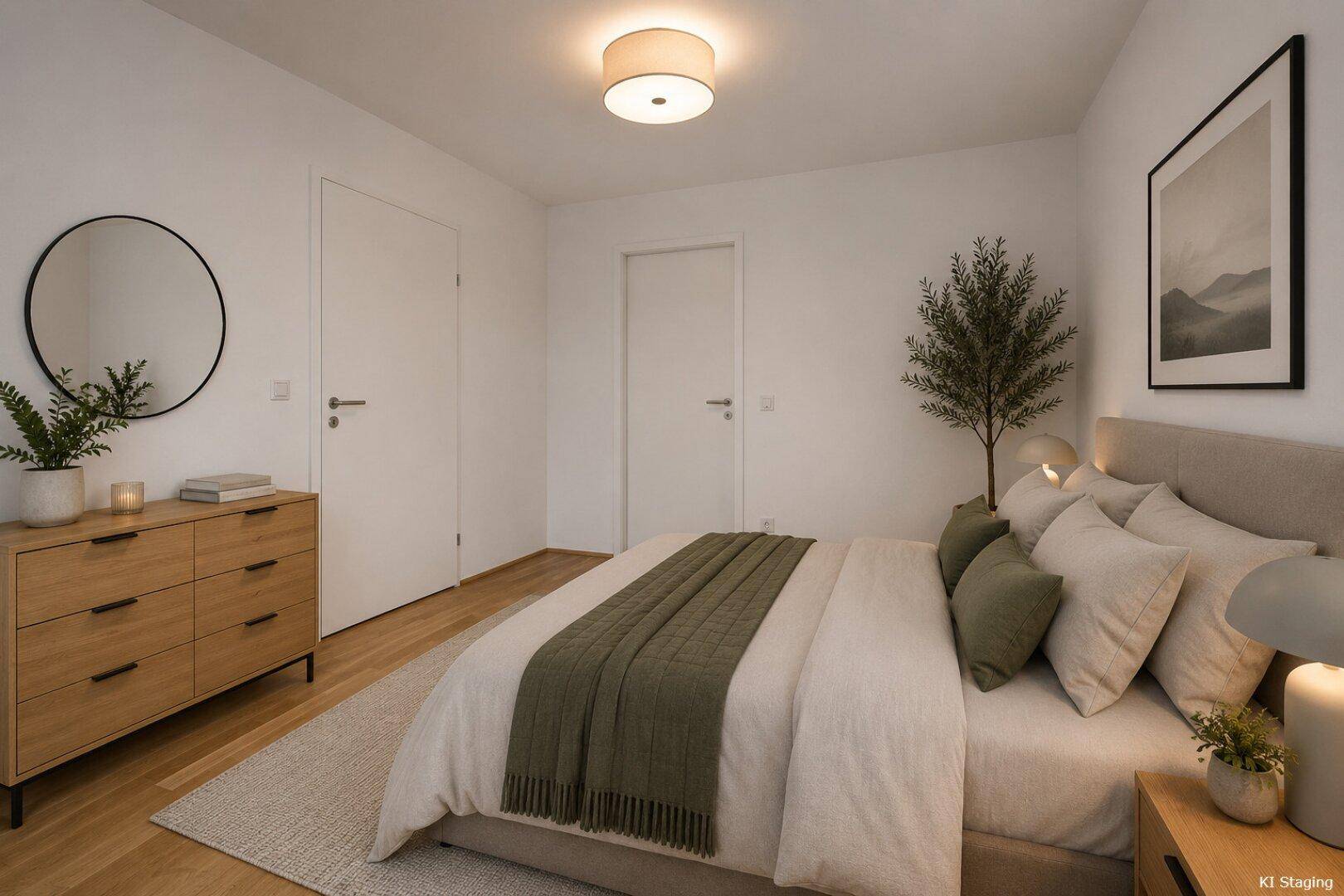 Helles Schlafzimmer mit Doppelbett, Holzkommode und minimalistischer Dekoration für eine ruhige Atmosphäre.