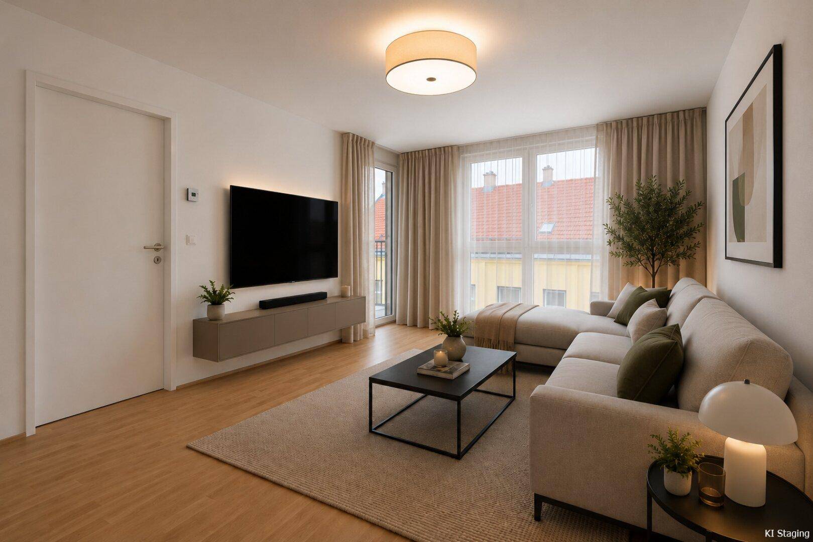 Gemütliches Wohnzimmer mit großem Sofa, modernem TV-Bereich und Blick auf die umliegenden Gebäude.