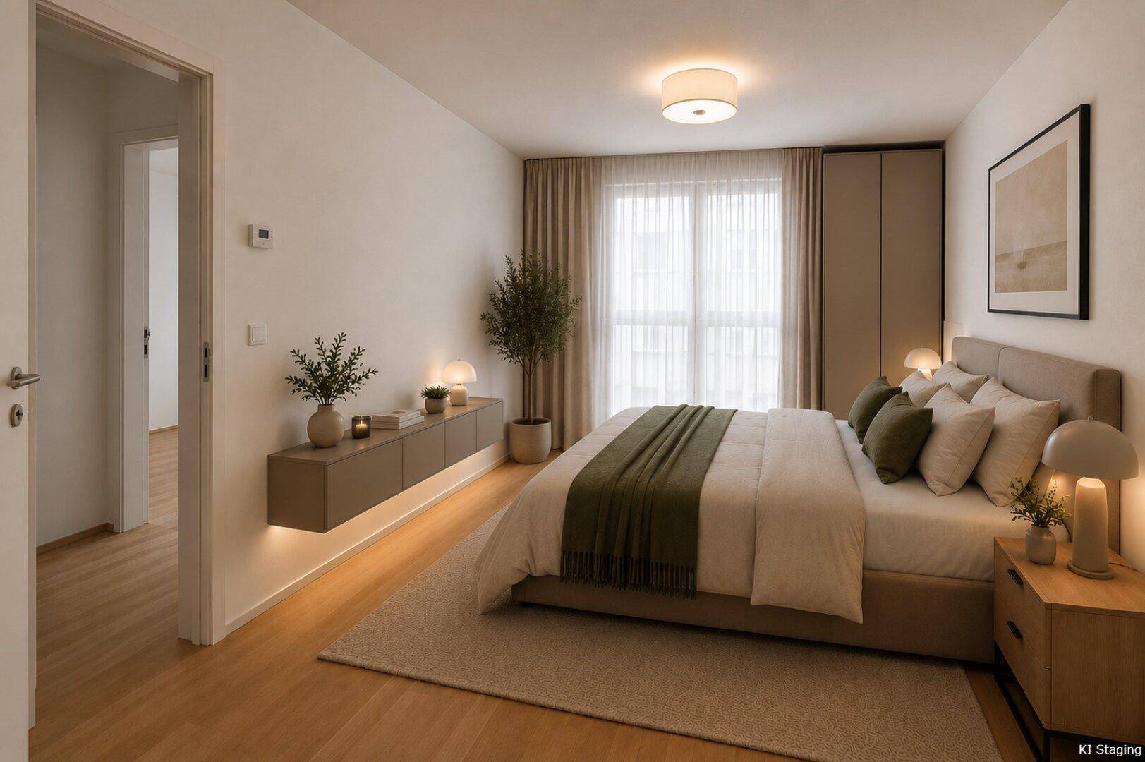 Helles Schlafzimmer mit Doppelbett, Holzboden und modernen Nachttischen.