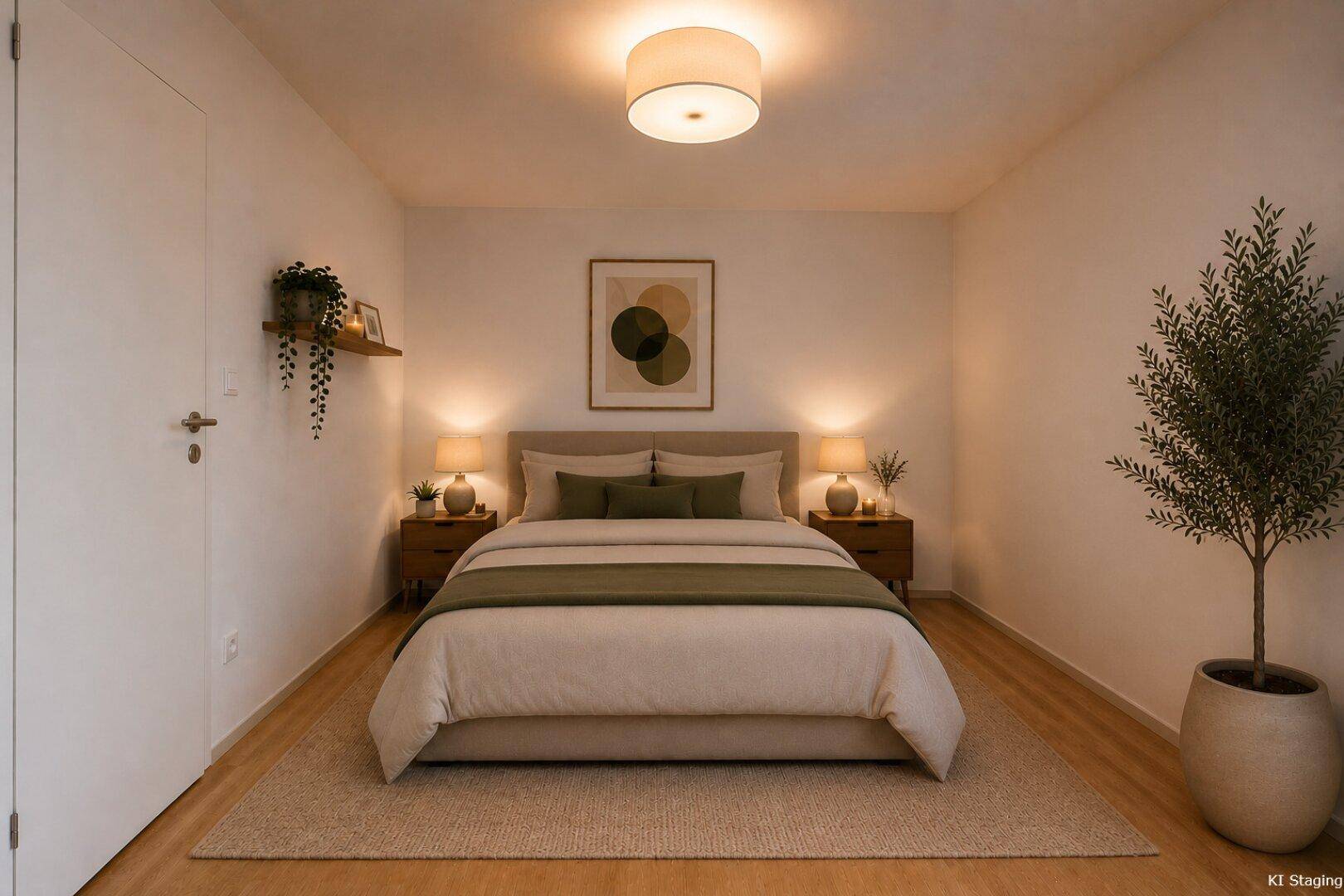 Gemütliches Schlafzimmer mit Doppelbett, Nachttischen und hellem Parkettboden in modernem Stil.