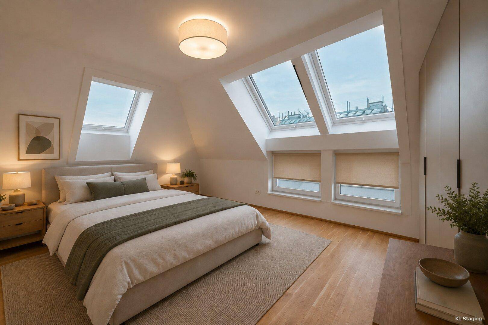 Helles Schlafzimmer im Dachgeschoss mit schrägen Wänden, Holzboden und großen Dachfenstern.