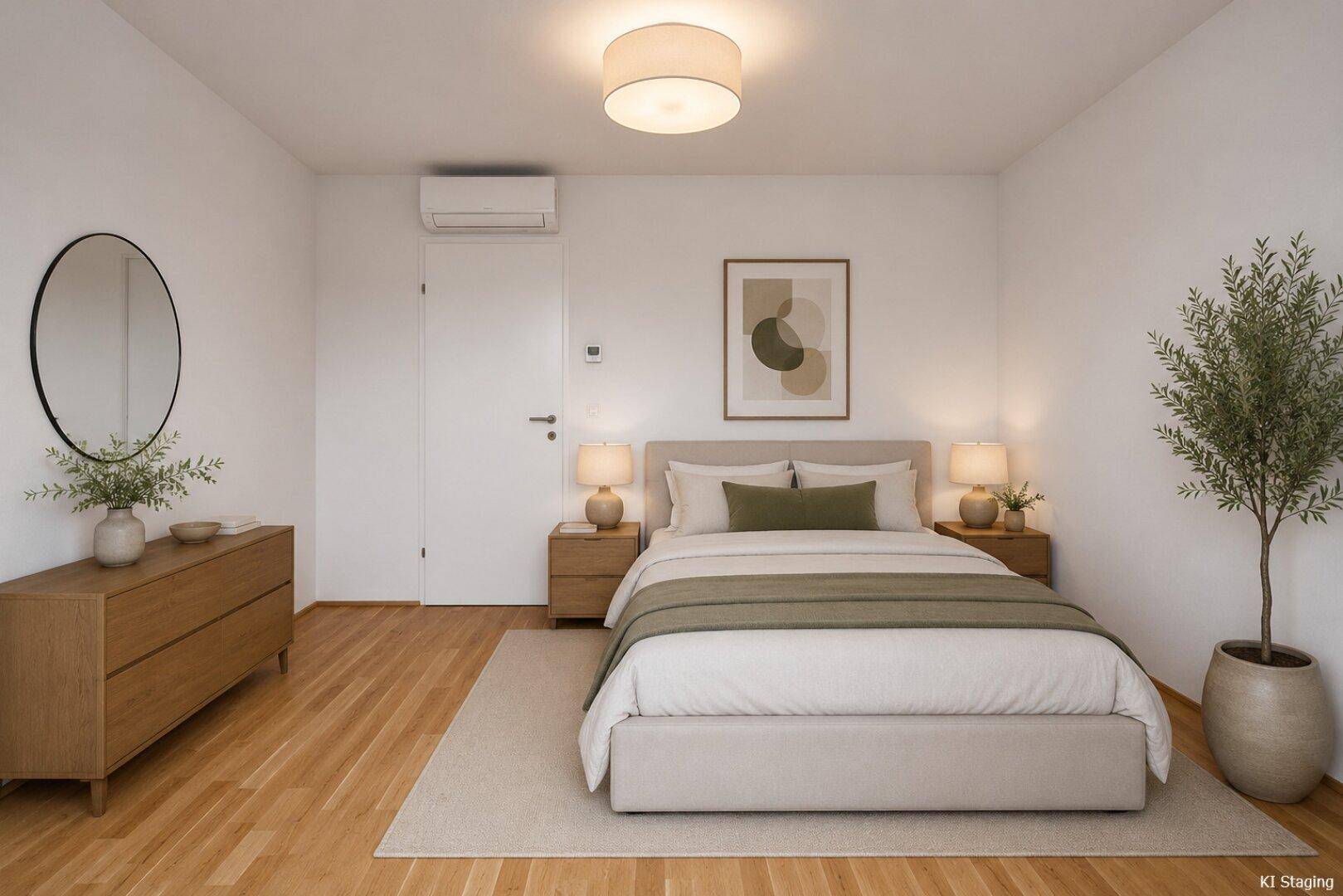 Modernes Schlafzimmer mit Holzboden, Klimaanlage und schlichten Möbeln in hellen Farbtönen.