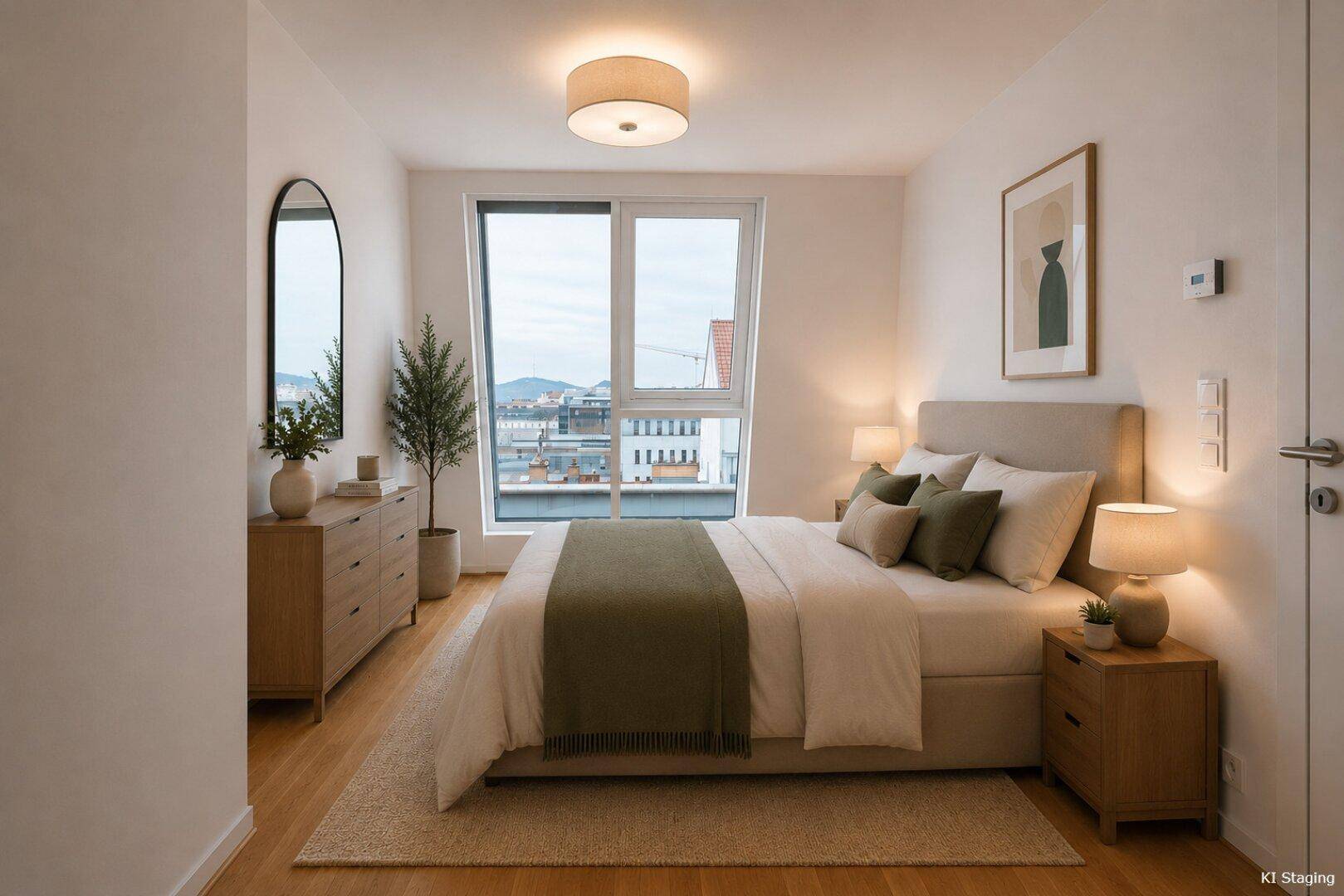 Helles Schlafzimmer mit Holzboden, großem Fenster und moderner Einrichtung.