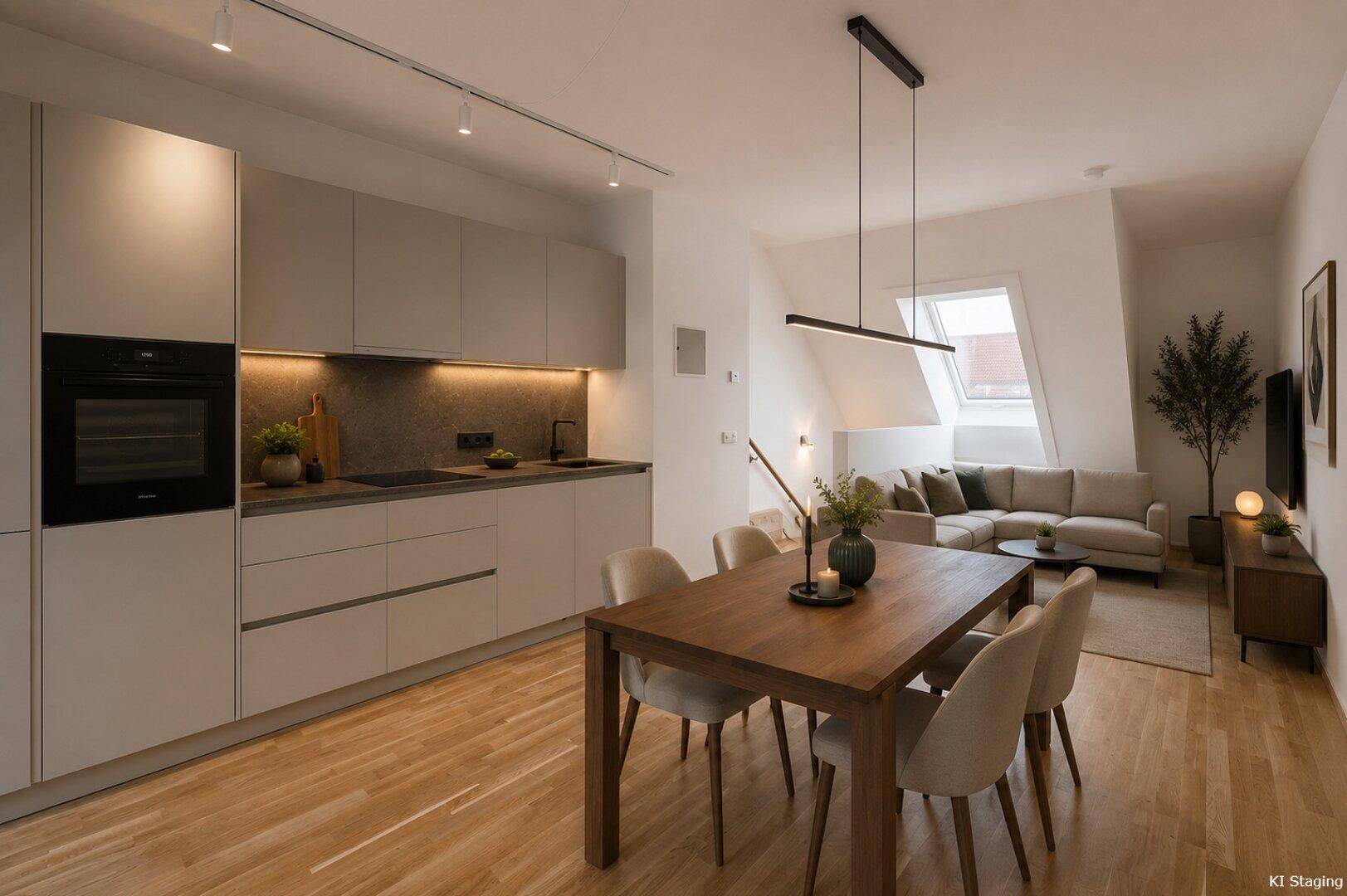 Moderne offene Küche mit Essbereich und angrenzendem Wohnzimmer unter Dachschrägen.
