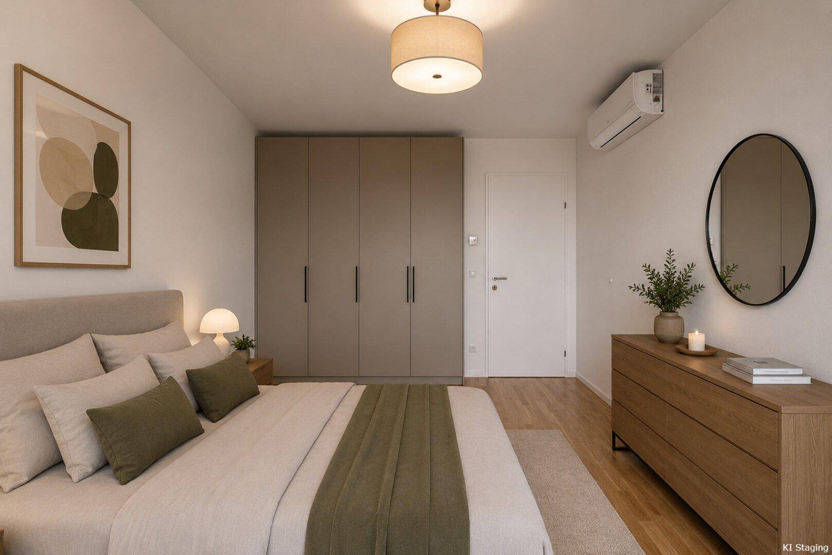 Geräumiges Schlafzimmer mit Holzboden, Einbauschränken und moderner Einrichtung.