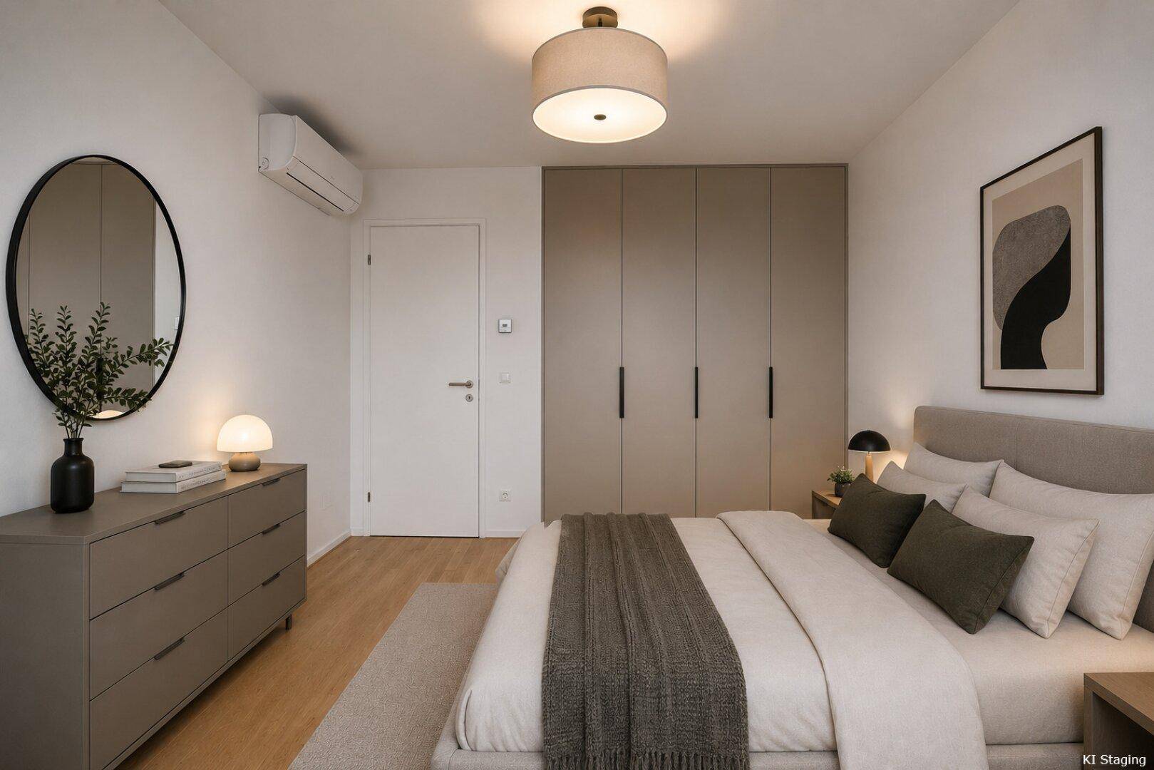 Helles Schlafzimmer mit Holzboden, Einbauschränken und Klimaanlage.