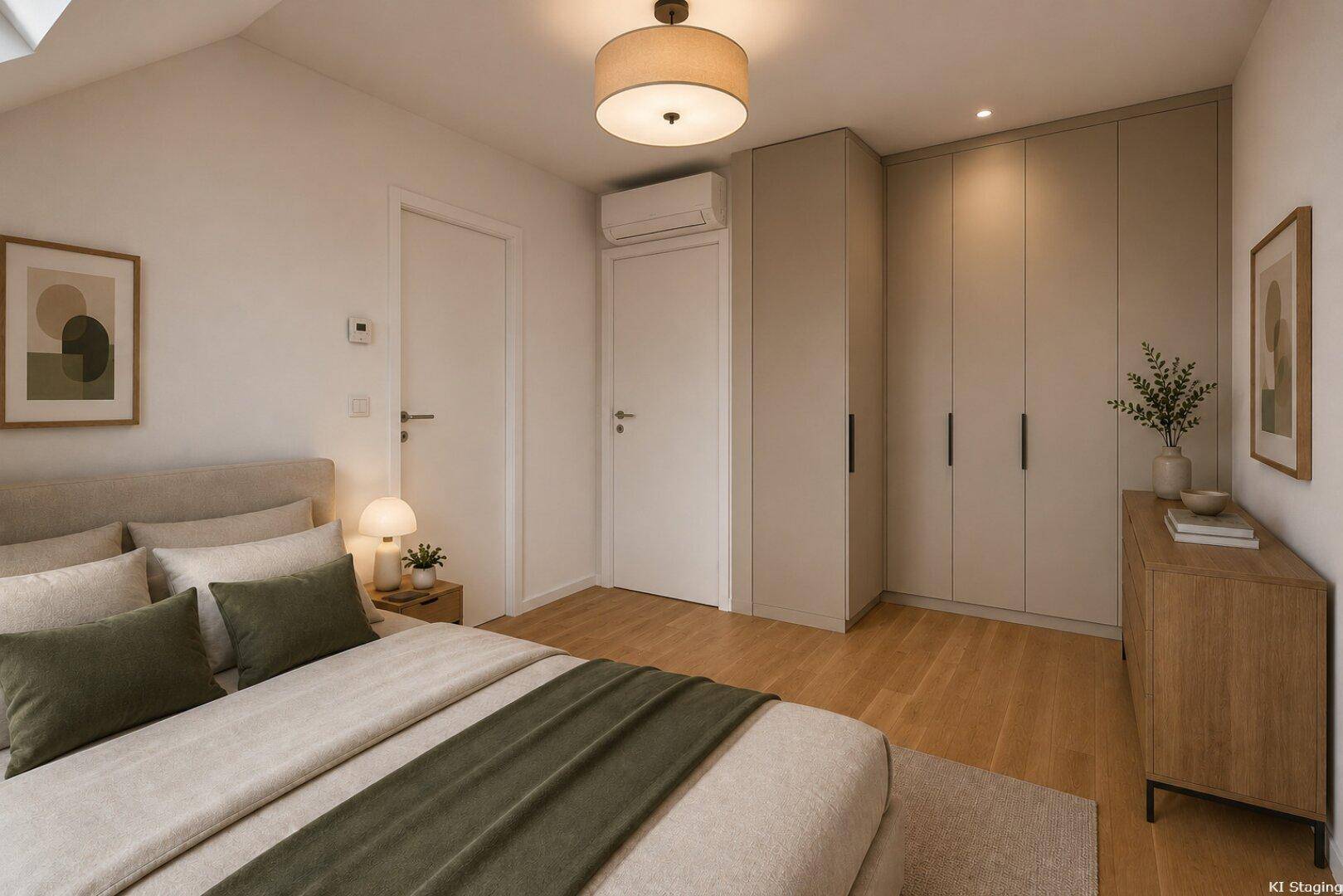 Gemütliches Schlafzimmer mit Einbauschränken, Holzboden und Klimaanlage unter Dachschräge.