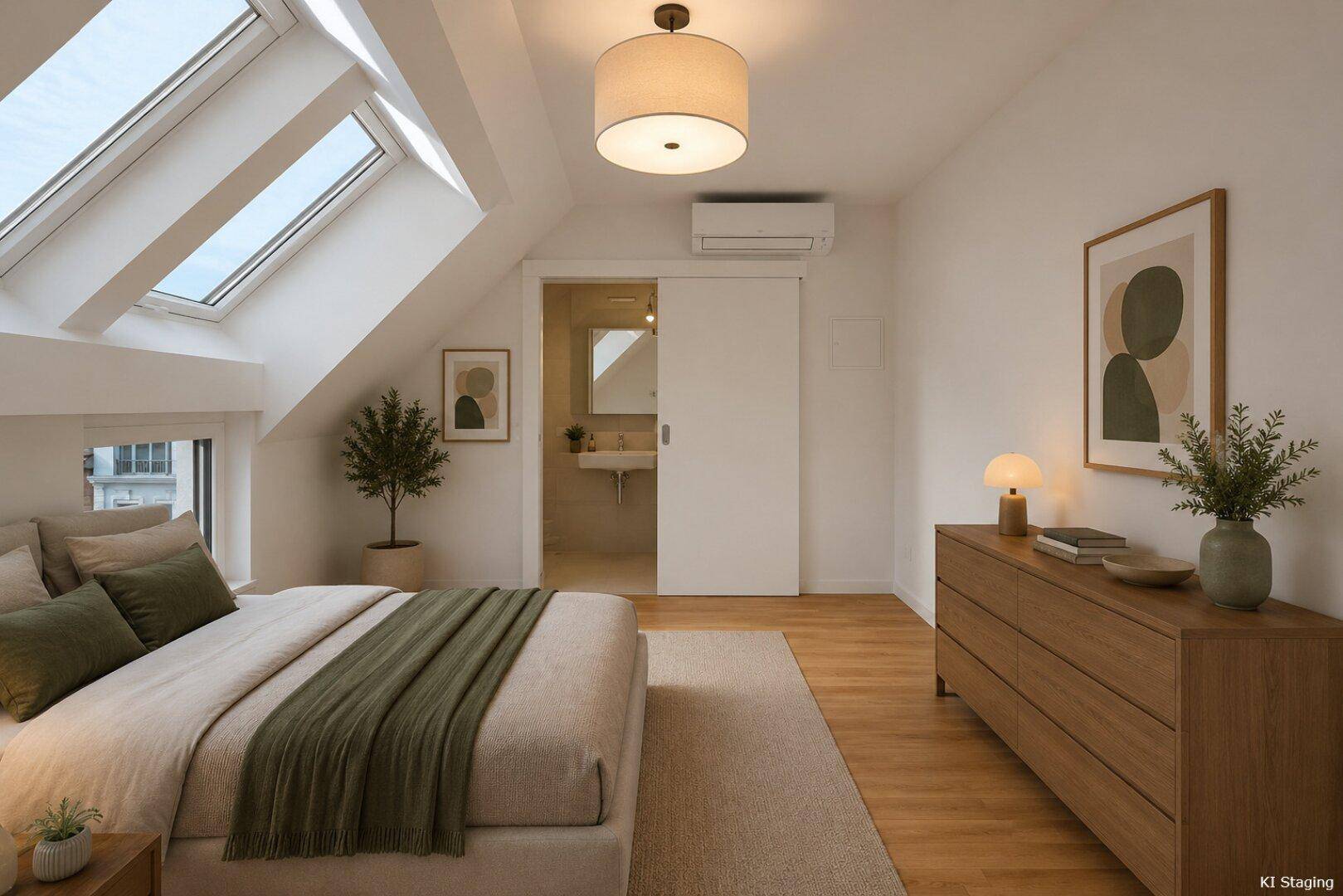 Helles Schlafzimmer mit großen Dachfenstern, Holzboden und direktem Zugang zum Badezimmer.