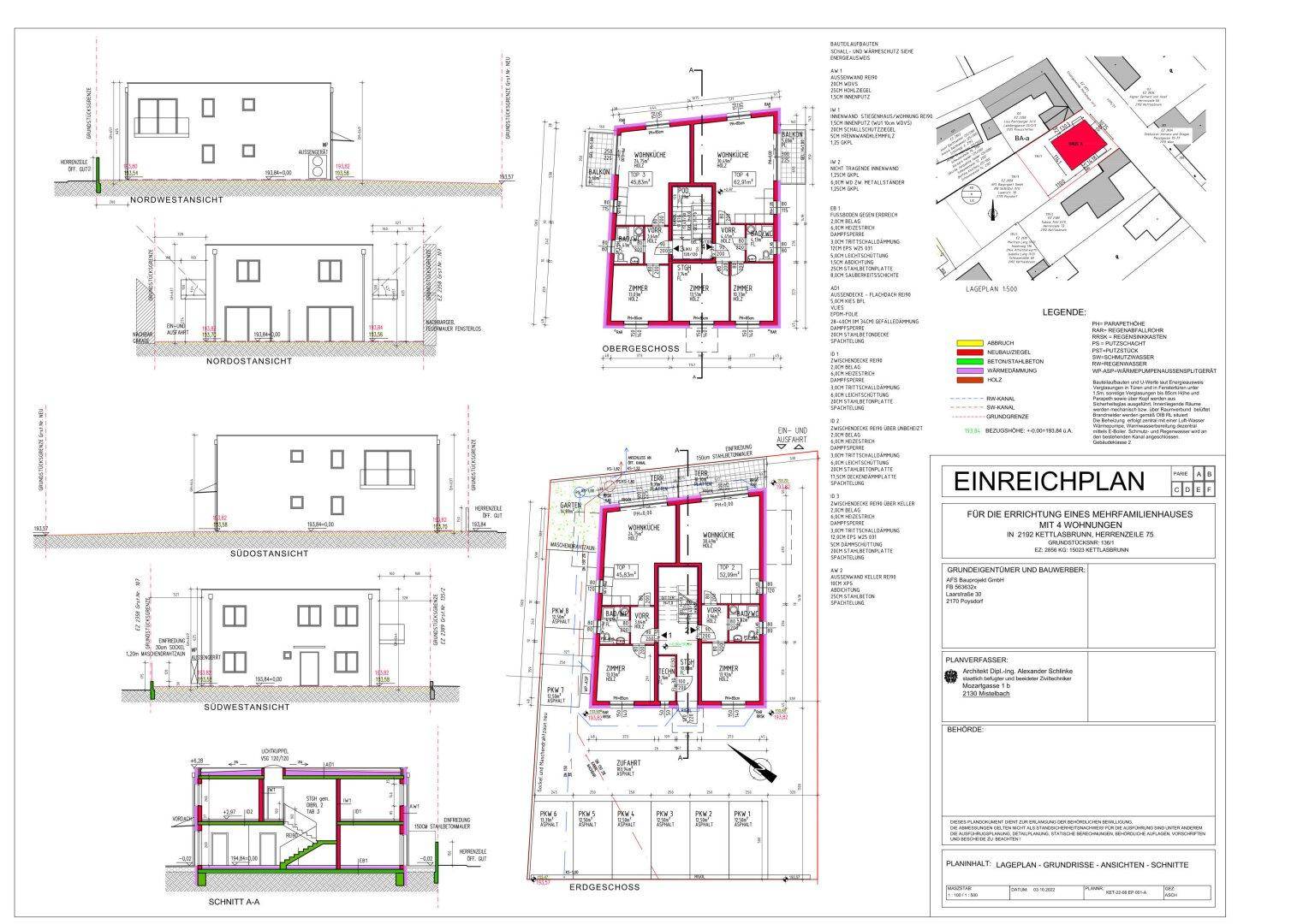 Detaillierter Einreichplan mit Grundrissen, Ansichten und Schnitten für ein Mehrfamilienhaus.