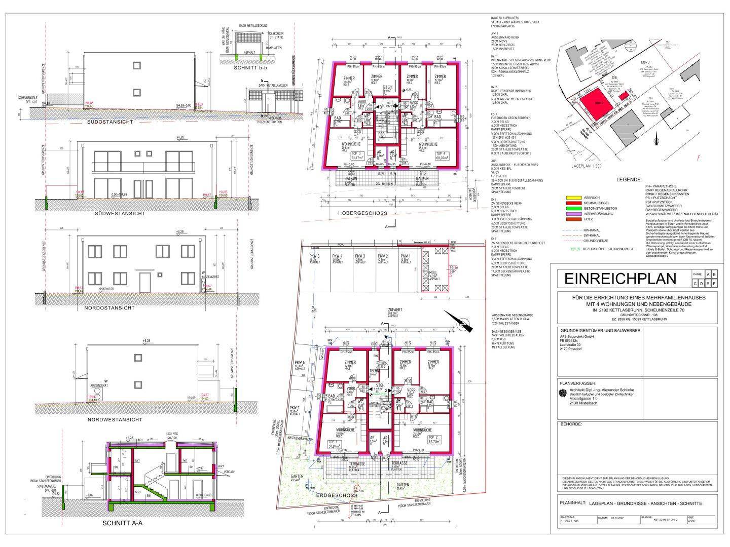 Detaillierter Einreichplan mit Grundrissen für Ober- und Erdgeschoss sowie verschiedenen Ansichten.