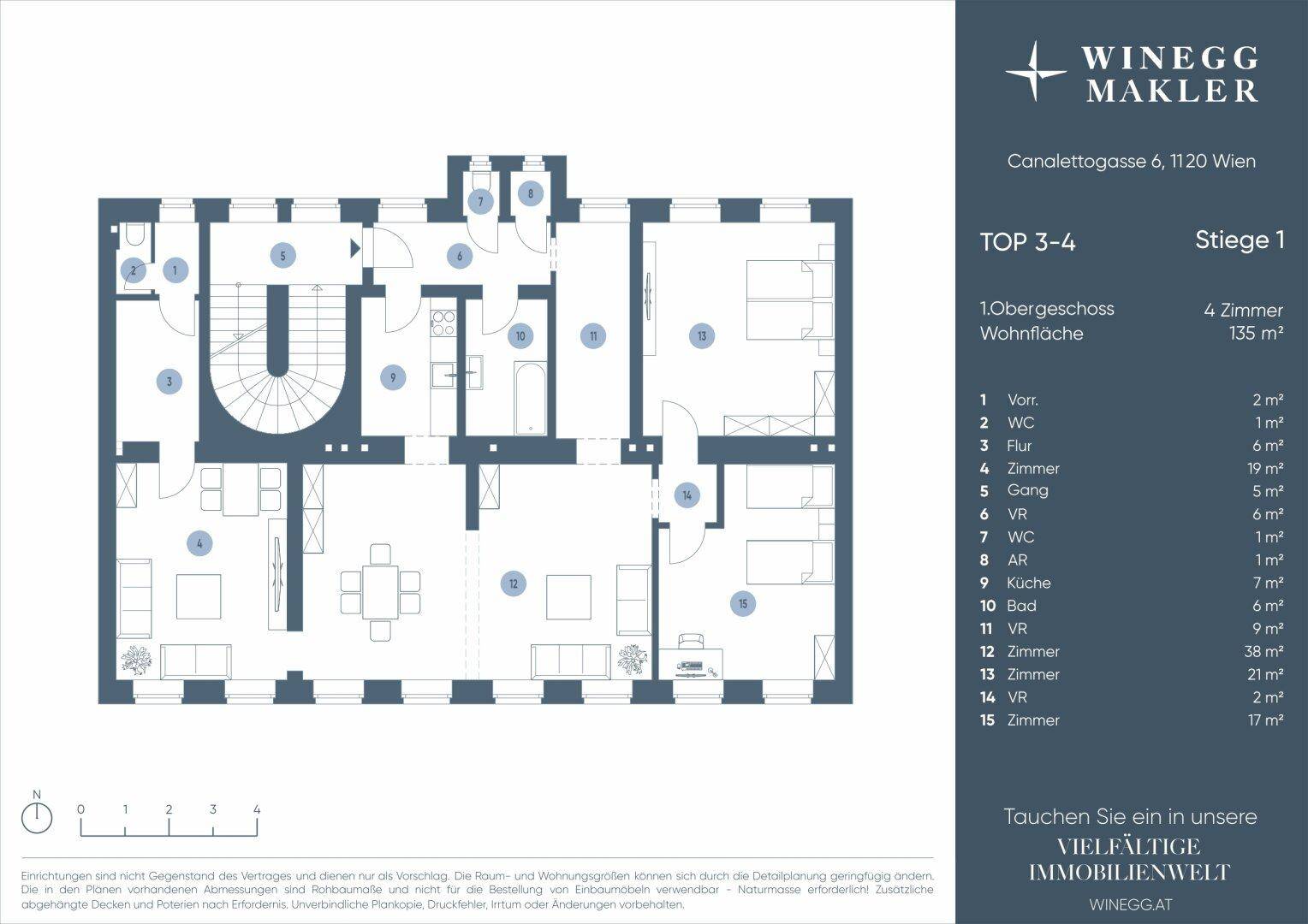 Detaillierter Grundriss der Wohnung Top 3-4 mit 4 Zimmern und 135 m² Wohnfläche.