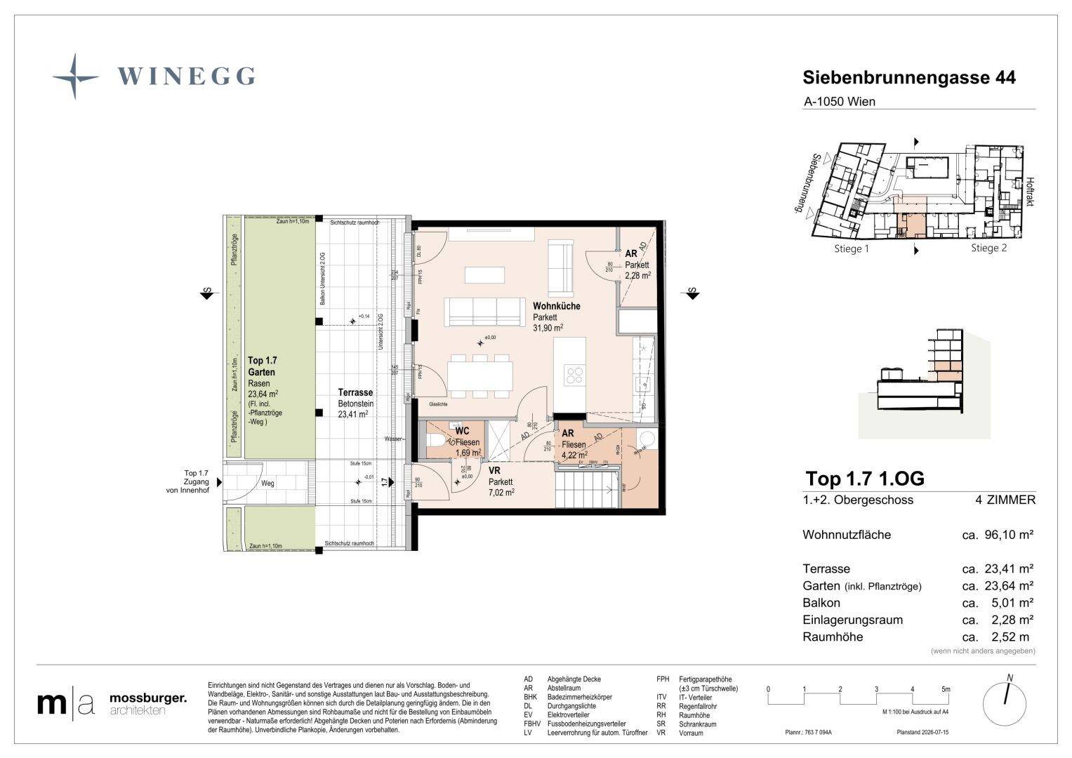 Grundriss für Top 1.7 im ersten Obergeschoss mit Wohnküche, Terrasse und Garten.