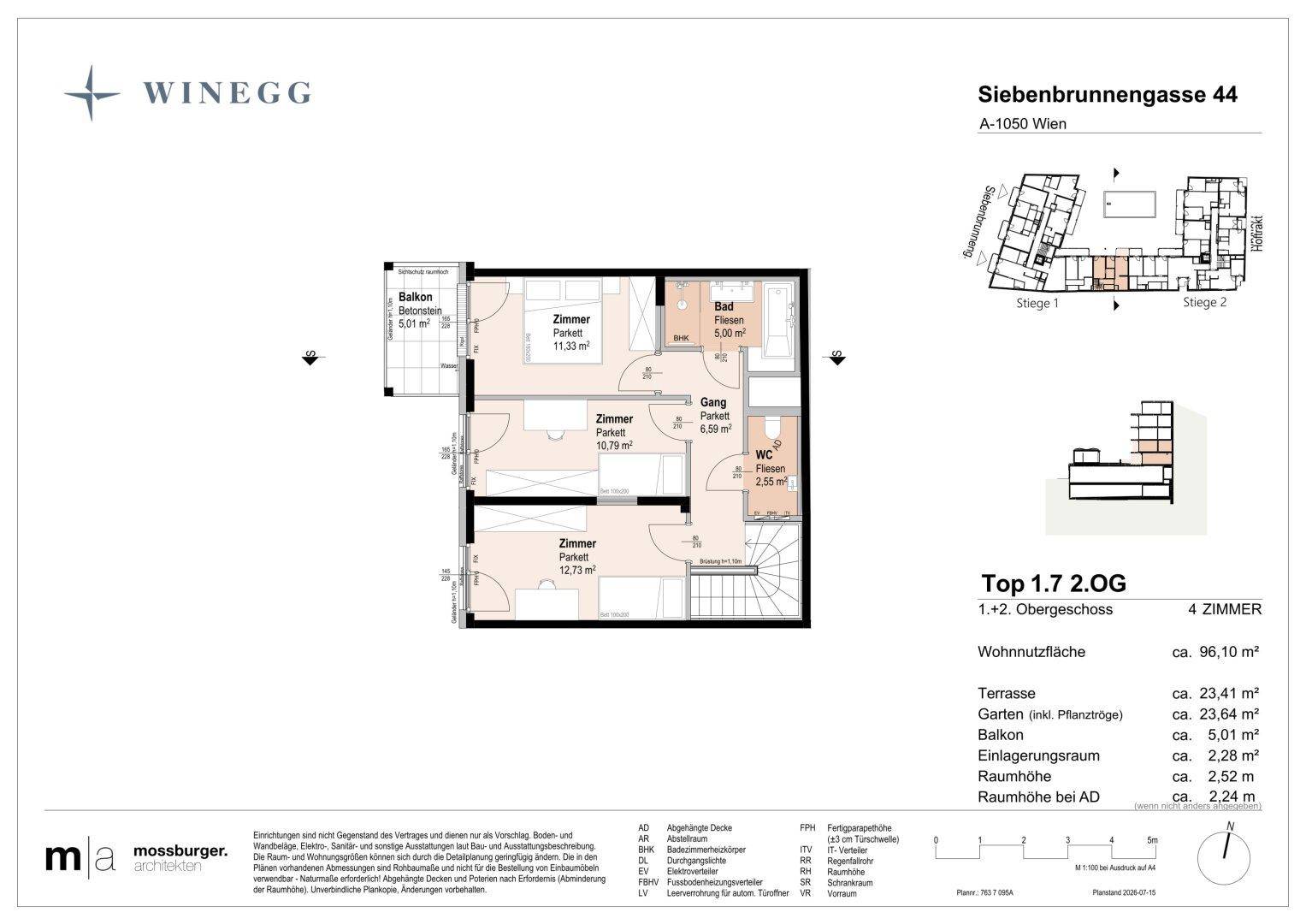 Grundriss für Top 1.7 im zweiten Obergeschoss mit Schlafzimmern, Bad, WC und Balkon.