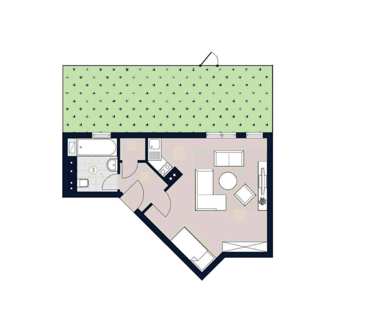 Grundriss einer Wohnung mit offenem Wohnbereich, Küche, Bad und Zugang zu einem Garten.