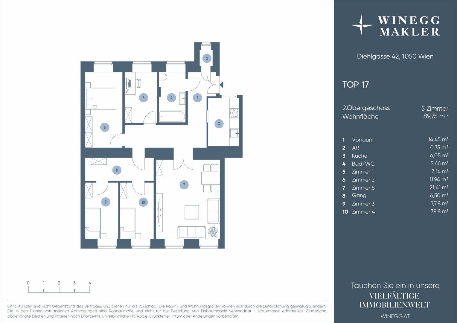 Grundriss der Wohnung Top 17 im 2. Obergeschoss mit fünf Zimmern und 89,75 m² Wohnfläche.