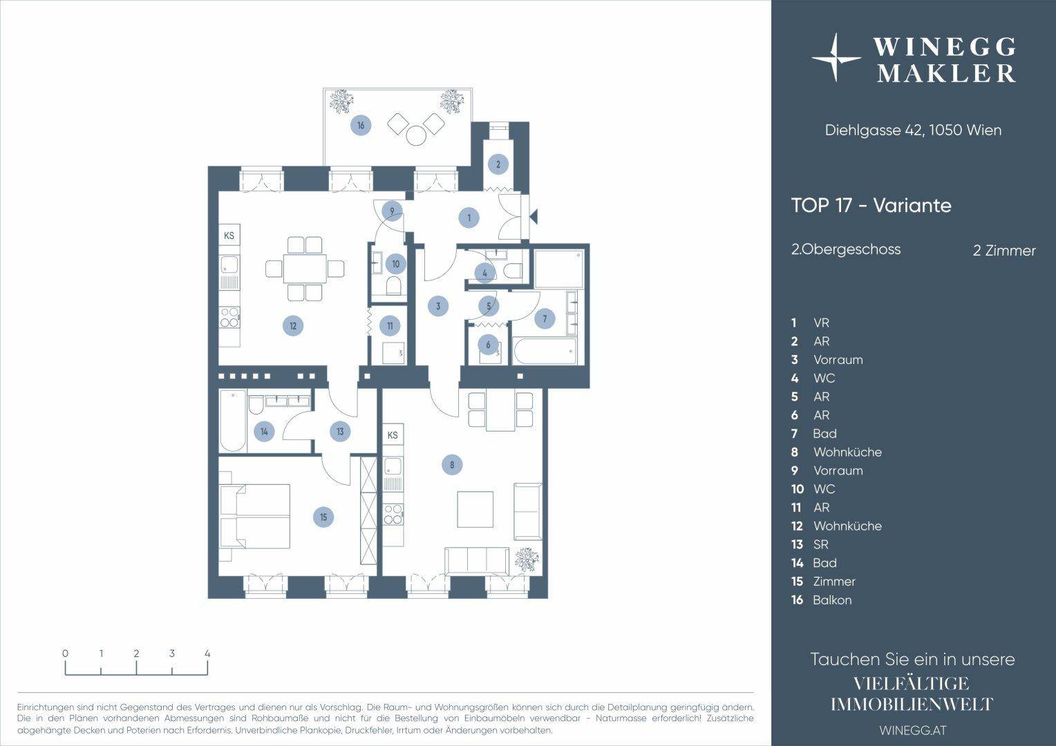 Alternativer Grundriss der Wohnung Top 17 im 2. Obergeschoss mit zwei Zimmern und Balkon.