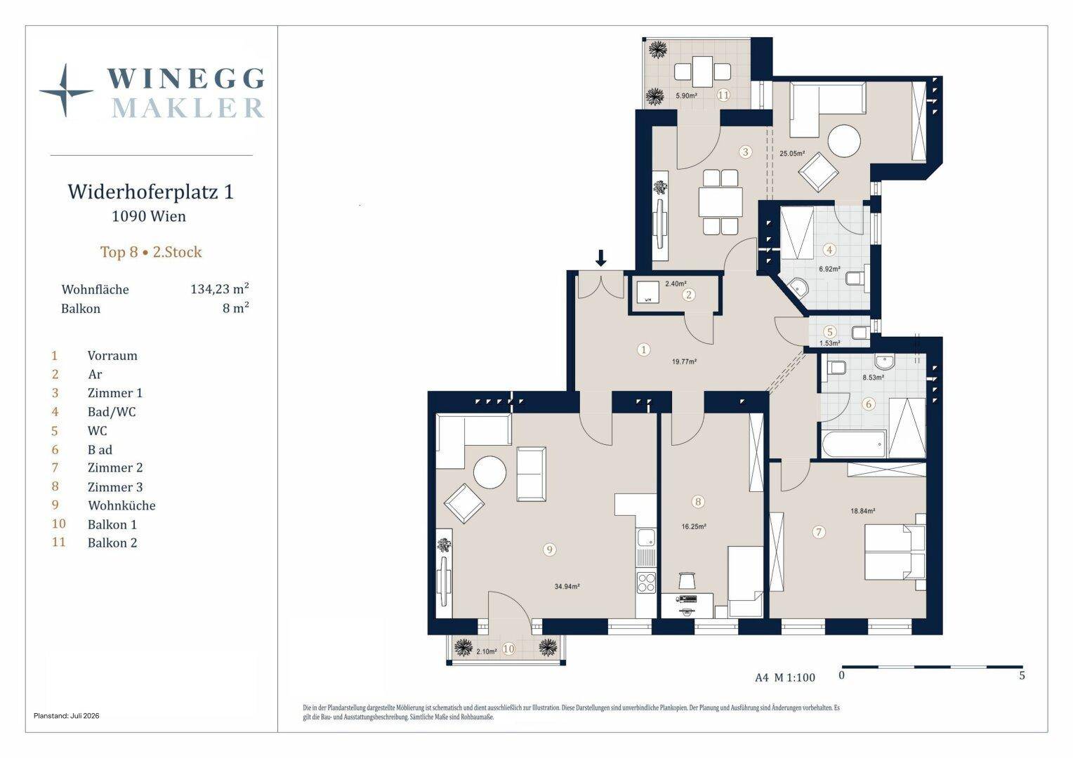 Detaillierter Grundriss einer Wohnung mit 134,23 m² Wohnfläche und zwei Balkonen.