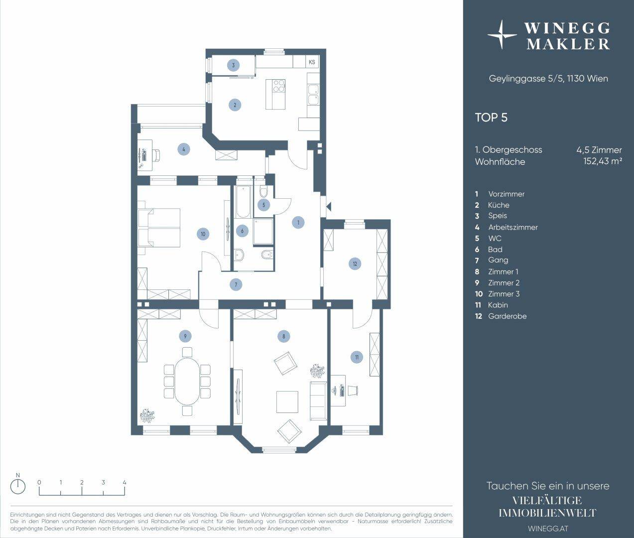 Grundriss der Wohnung im Obergeschoss mit 4,5 Zimmern und einer Wohnfläche von 152,43 m².