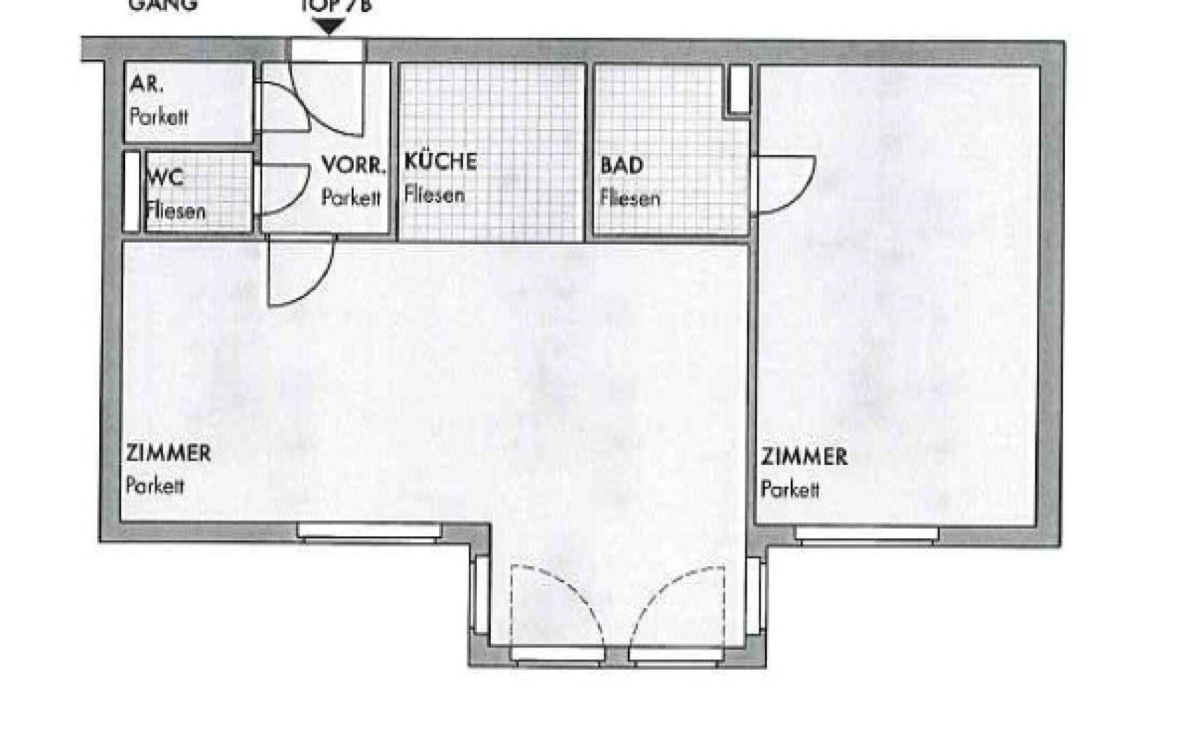 Grundriss einer Wohnung mit zwei Zimmern, Küche, Bad und separatem WC.