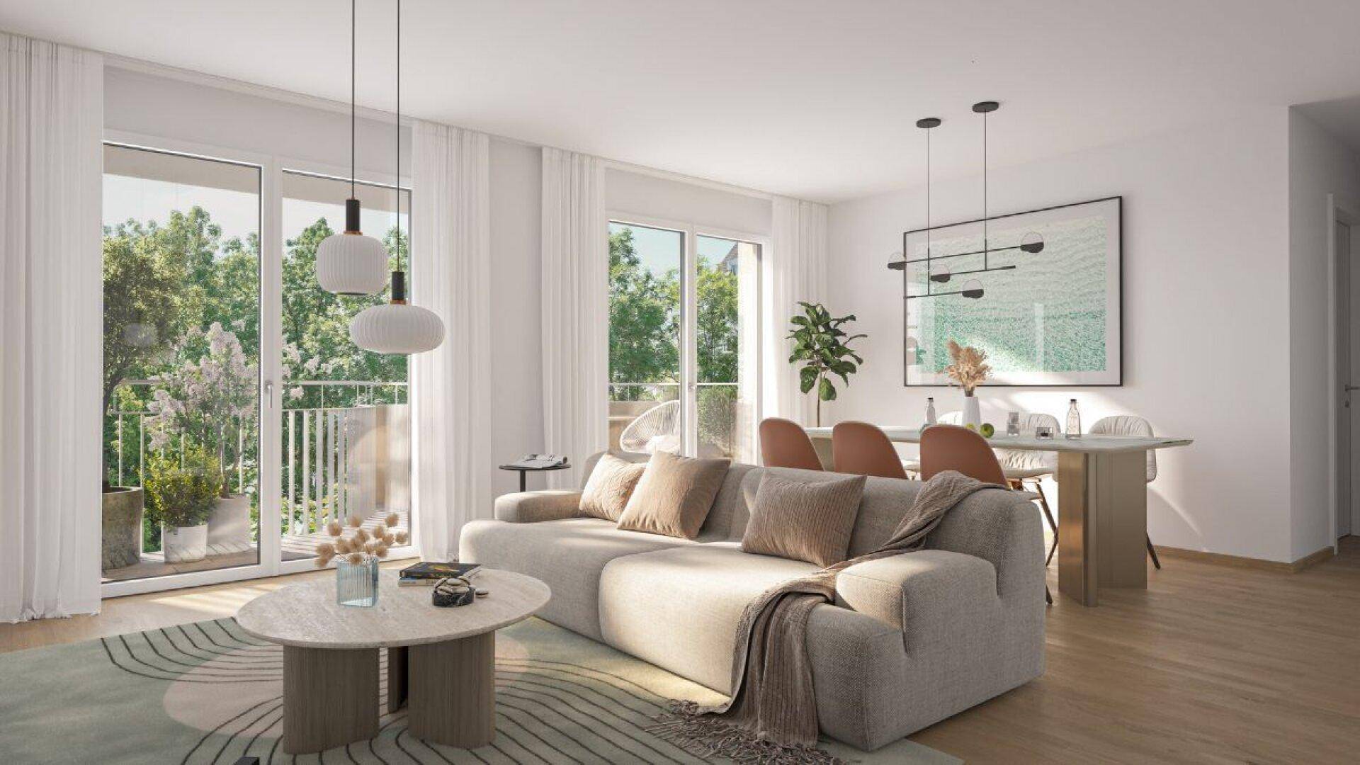 Heller, offener Wohn-Essbereich mit großen Fenstern, modernem Sofa und Zugang zum Balkon.