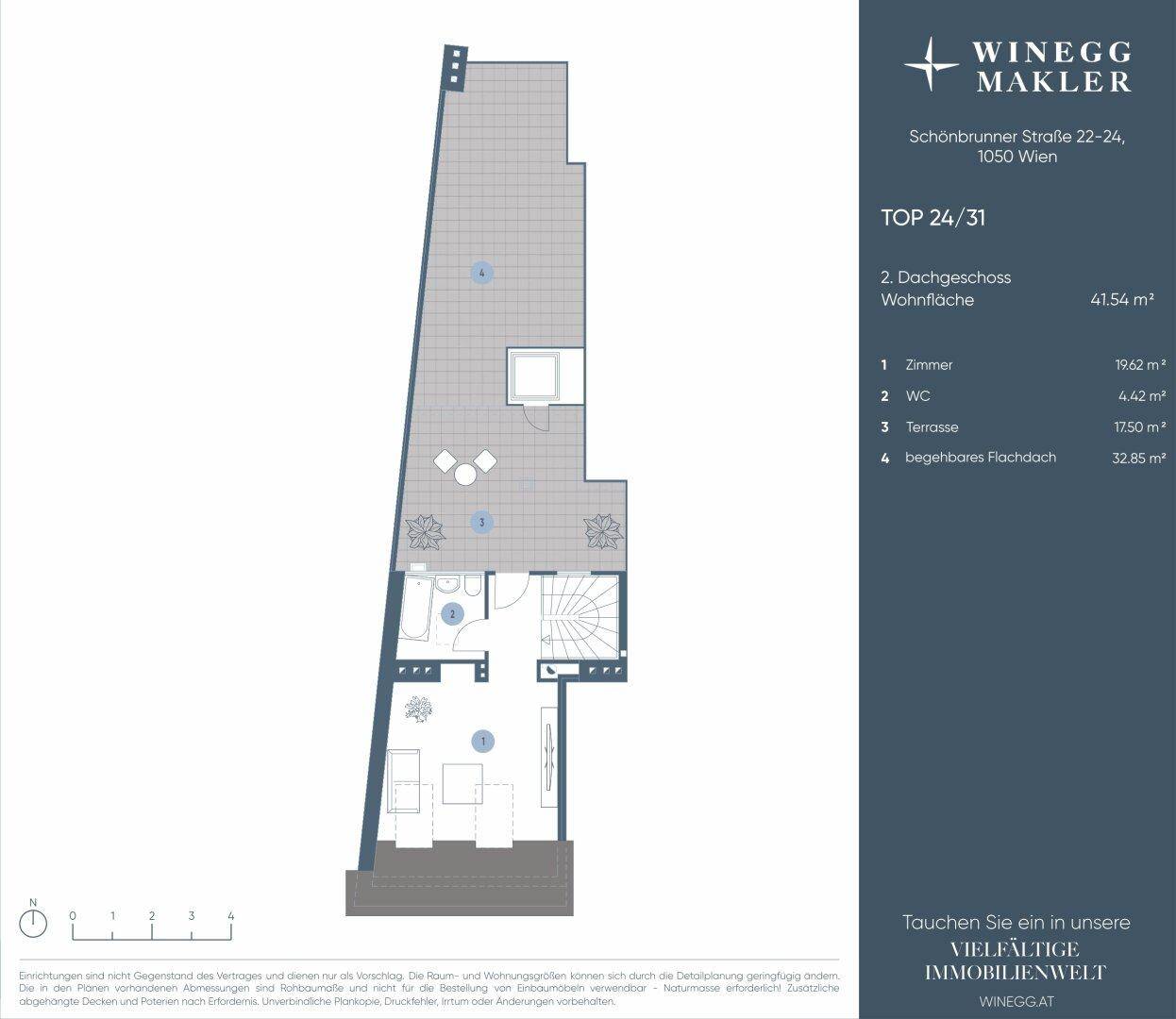 Grundriss des 2. Dachgeschosses mit Zimmer, WC und großer Terrasse.
