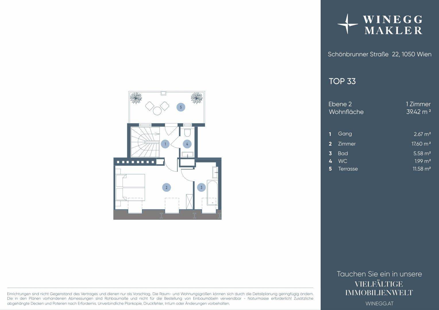 Grundriss für Ebene 2 von TOP 33 mit Schlafzimmer, Bad, WC und Terrasse.