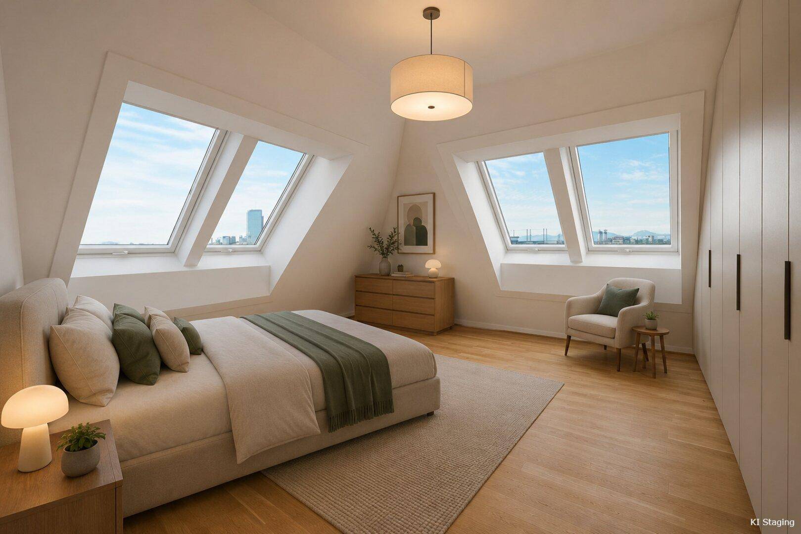 Helles Schlafzimmer im Dachgeschoss mit großen Dachfenstern, Holzboden und integrierten Schränken.