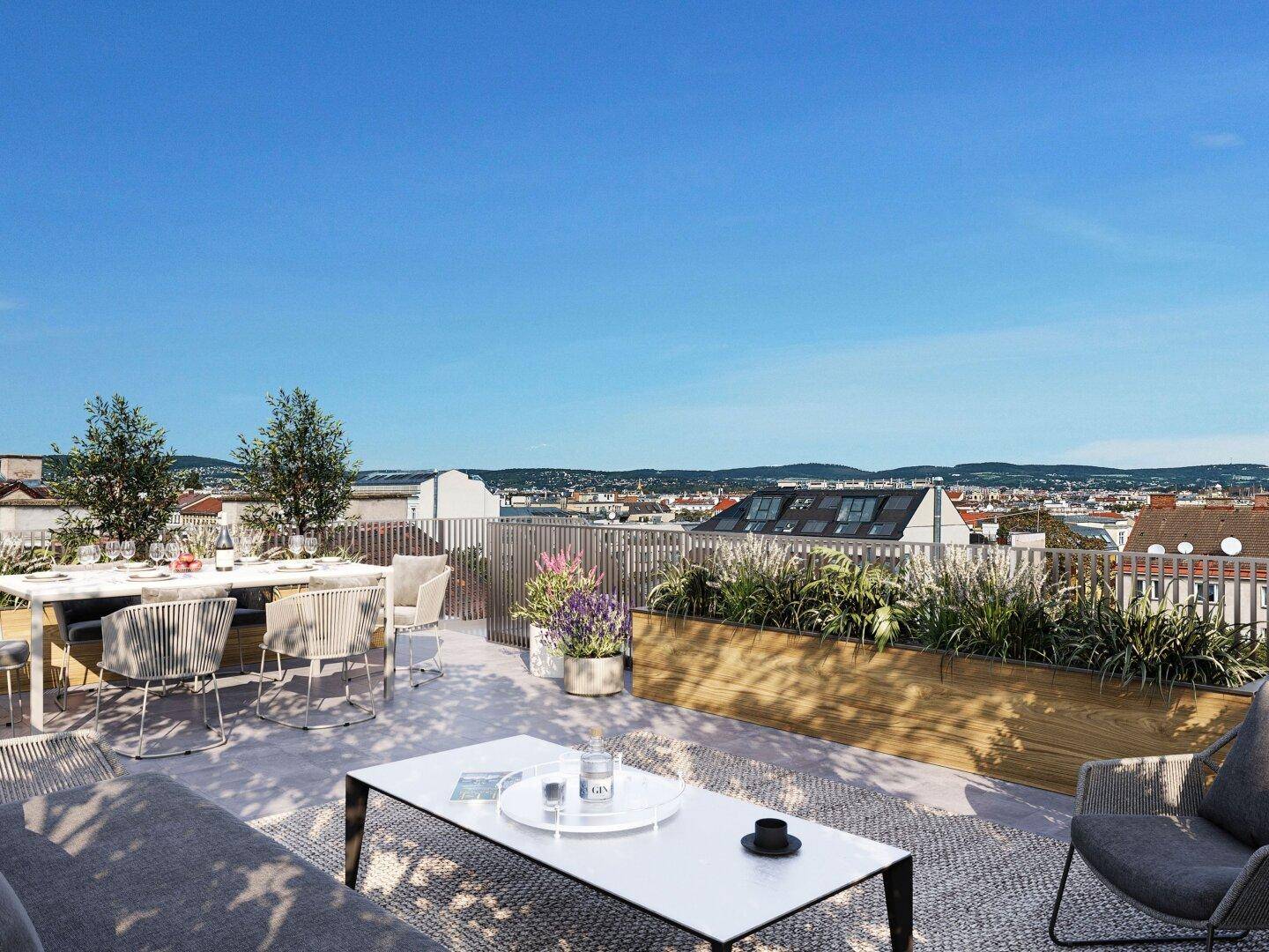 Geräumige Dachterrasse mit Essbereich, Lounge-Möbeln und weitem Blick über die Stadt.