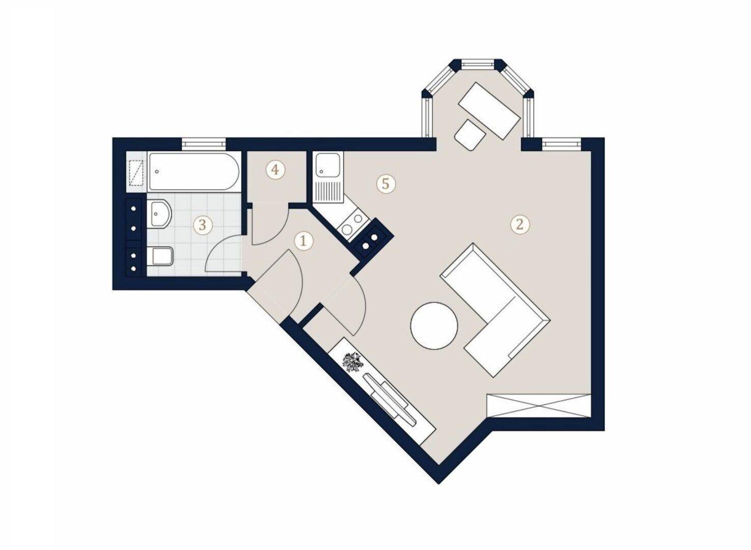 Grundriss einer Wohnung mit separatem Bad, offener Küche und Wohnbereich.