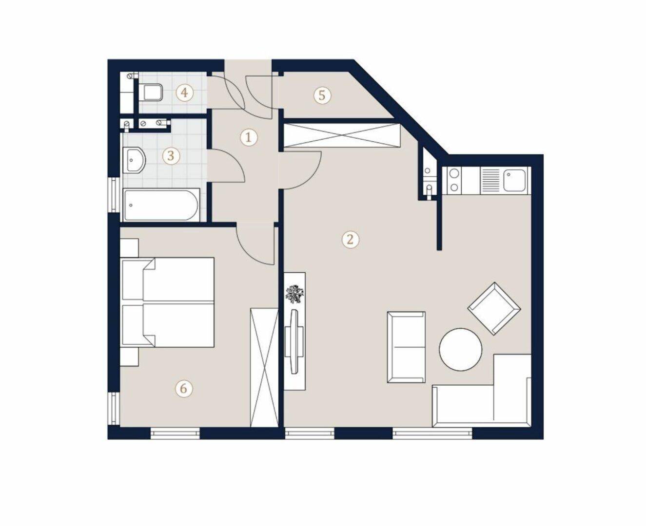 Grundriss einer Wohnung mit offenem Wohnbereich, Schlafzimmer, Bad und separatem Gäste-WC sowie einer Loggia.