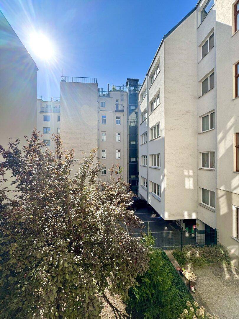 Sonniger Innenhof mit Bäumen und umliegenden Gebäuden, der eine grüne Aussicht bietet.
