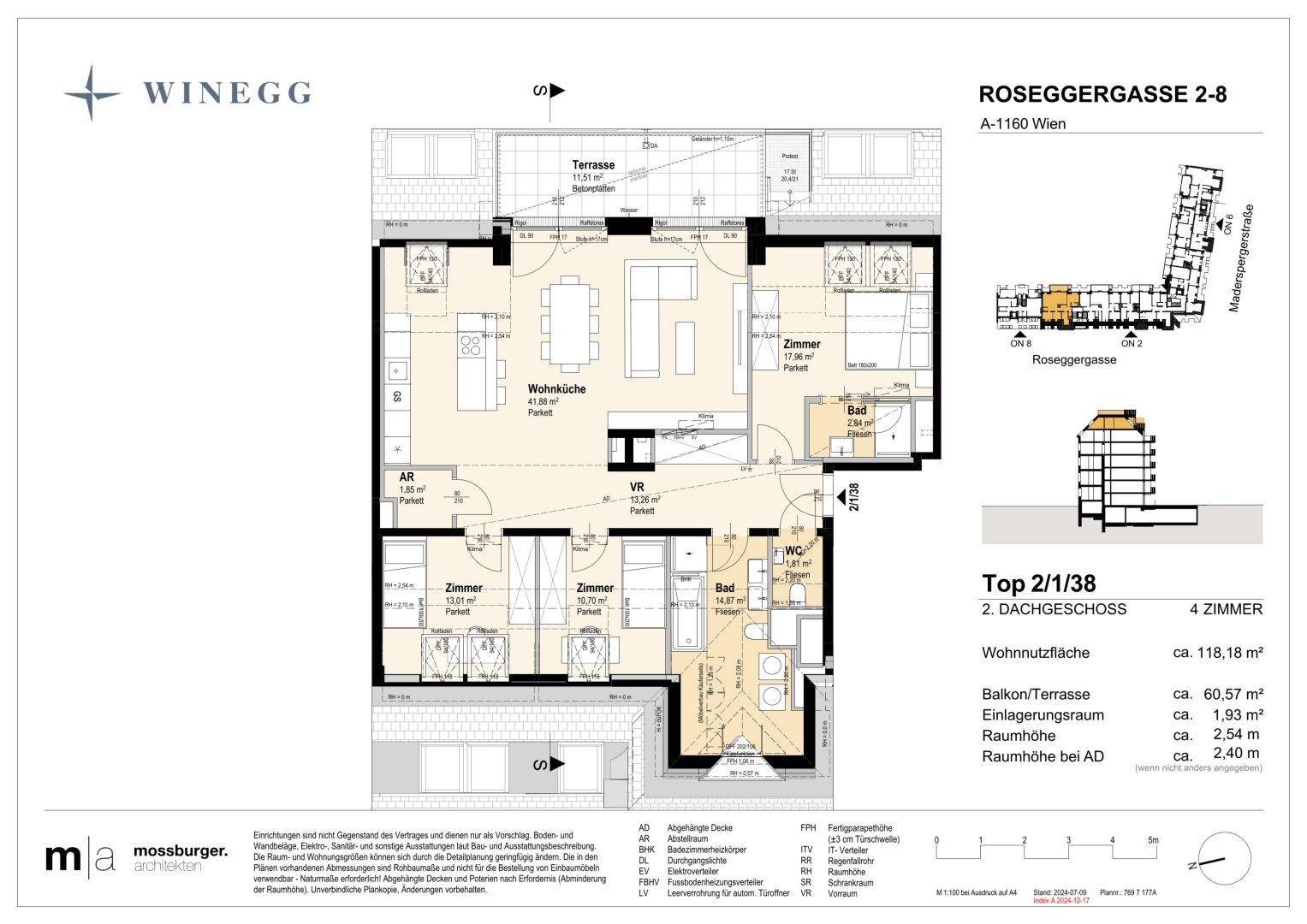 Grundriss einer 4-Zimmer-Wohnung im Dachgeschoss mit offenem Wohnbereich, zwei Bädern und großer Terrasse.