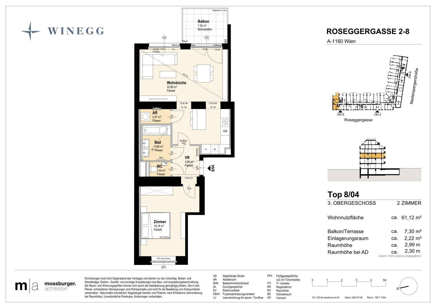 Grundriss einer 2-Zimmer-Wohnung im 3. Obergeschoss mit Balkon und Wohnküche.