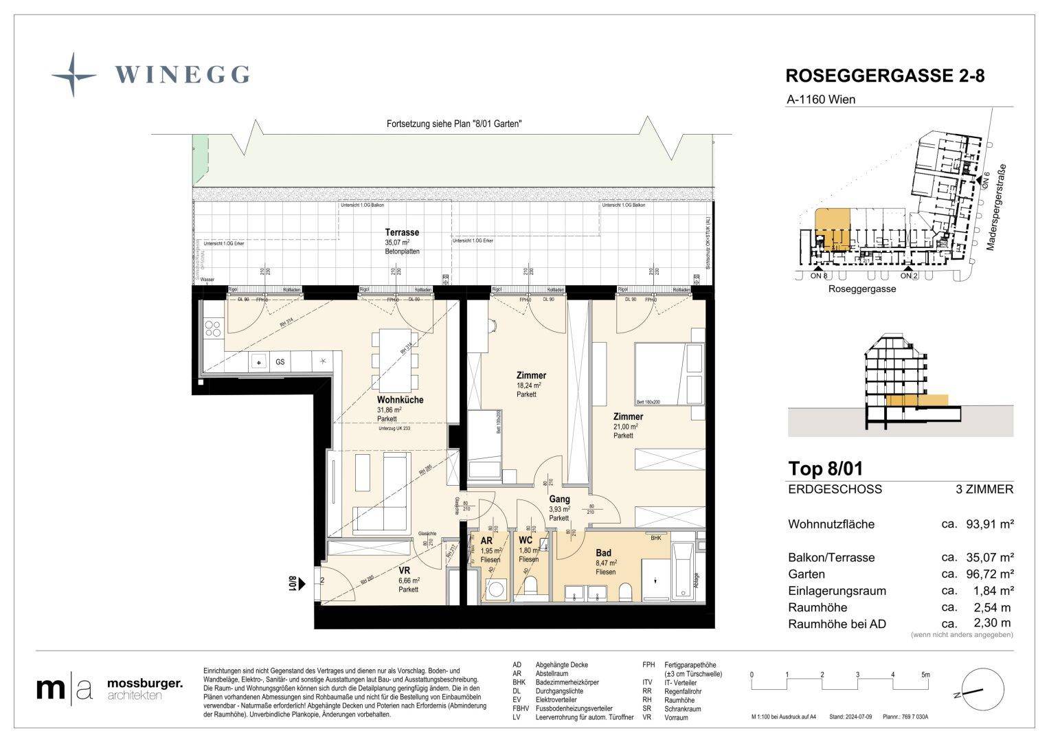 Grundriss einer Erdgeschosswohnung mit Wohnküche, zwei Zimmern, Bad und großer Terrasse.