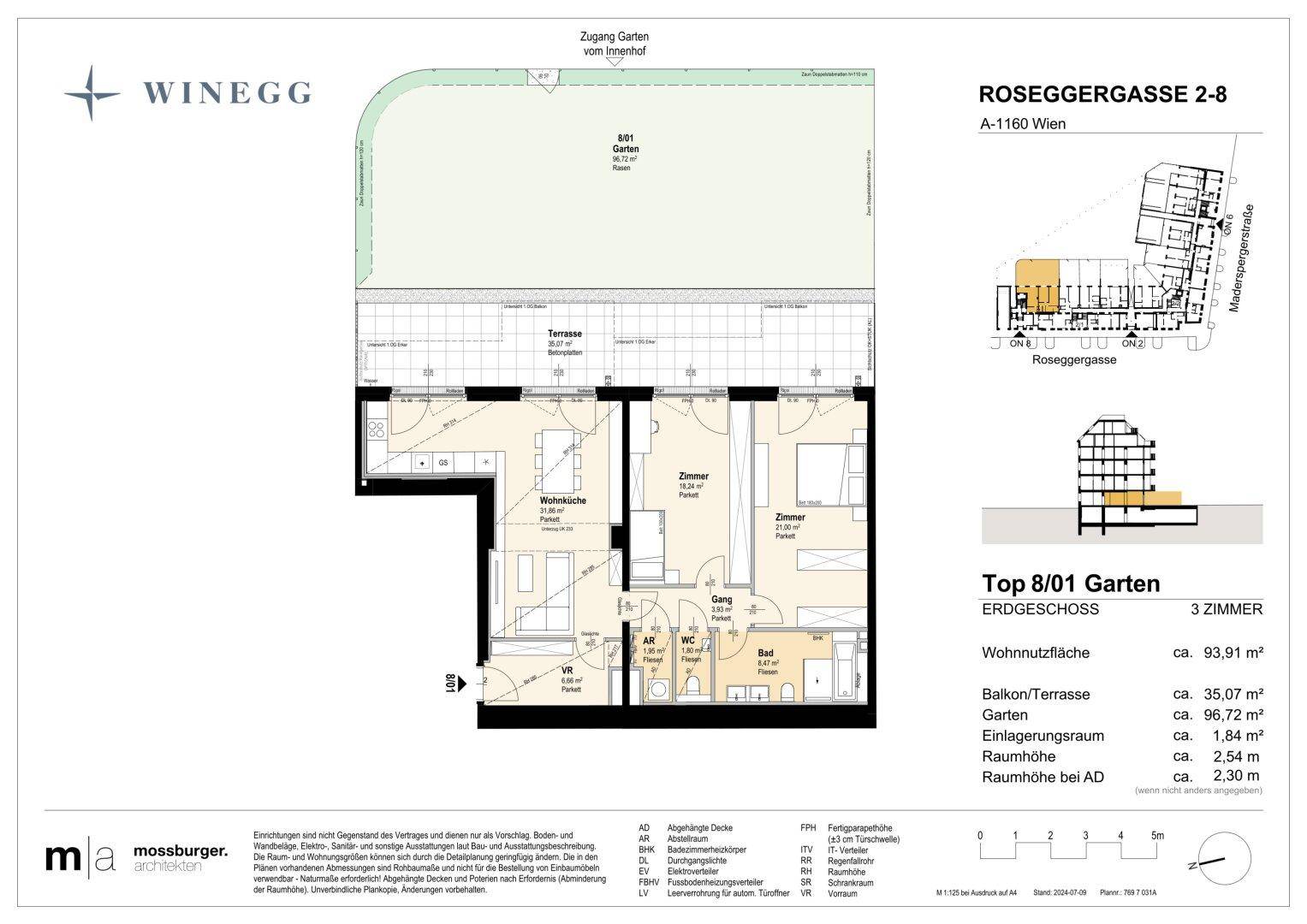 Grundriss einer Erdgeschosswohnung mit Wohnküche, zwei Zimmern, Bad und großem Gartenbereich.