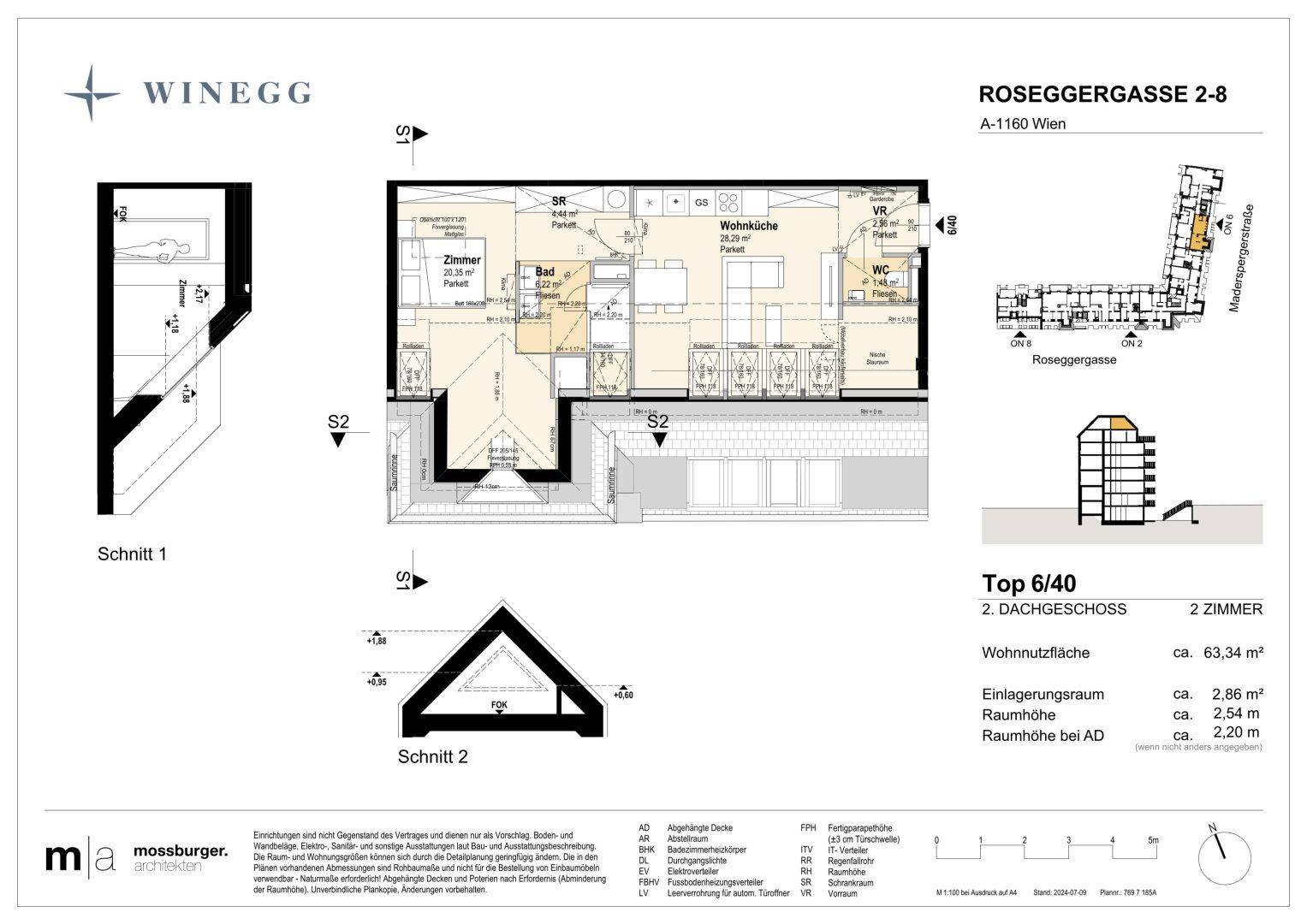 Grundriss des Dachgeschosses mit zwei Zimmern und einer Wohnnutzfläche von 63,34 m².