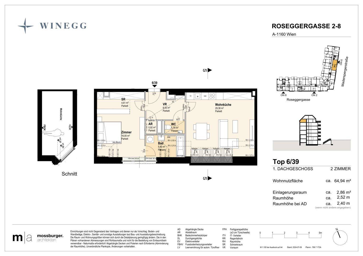 Grundriss einer 2-Zimmer-Wohnung im 1. Dachgeschoss mit 64,94 m² Wohnfläche.