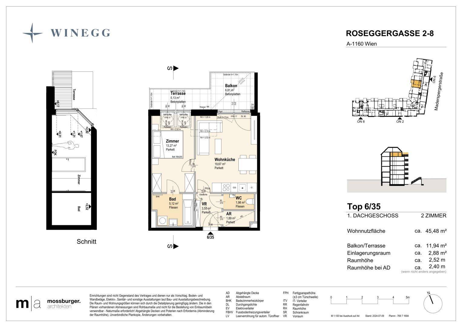 Detaillierter Grundriss einer 2-Zimmer-Wohnung im Dachgeschoss mit Balkon und Terrasse.
