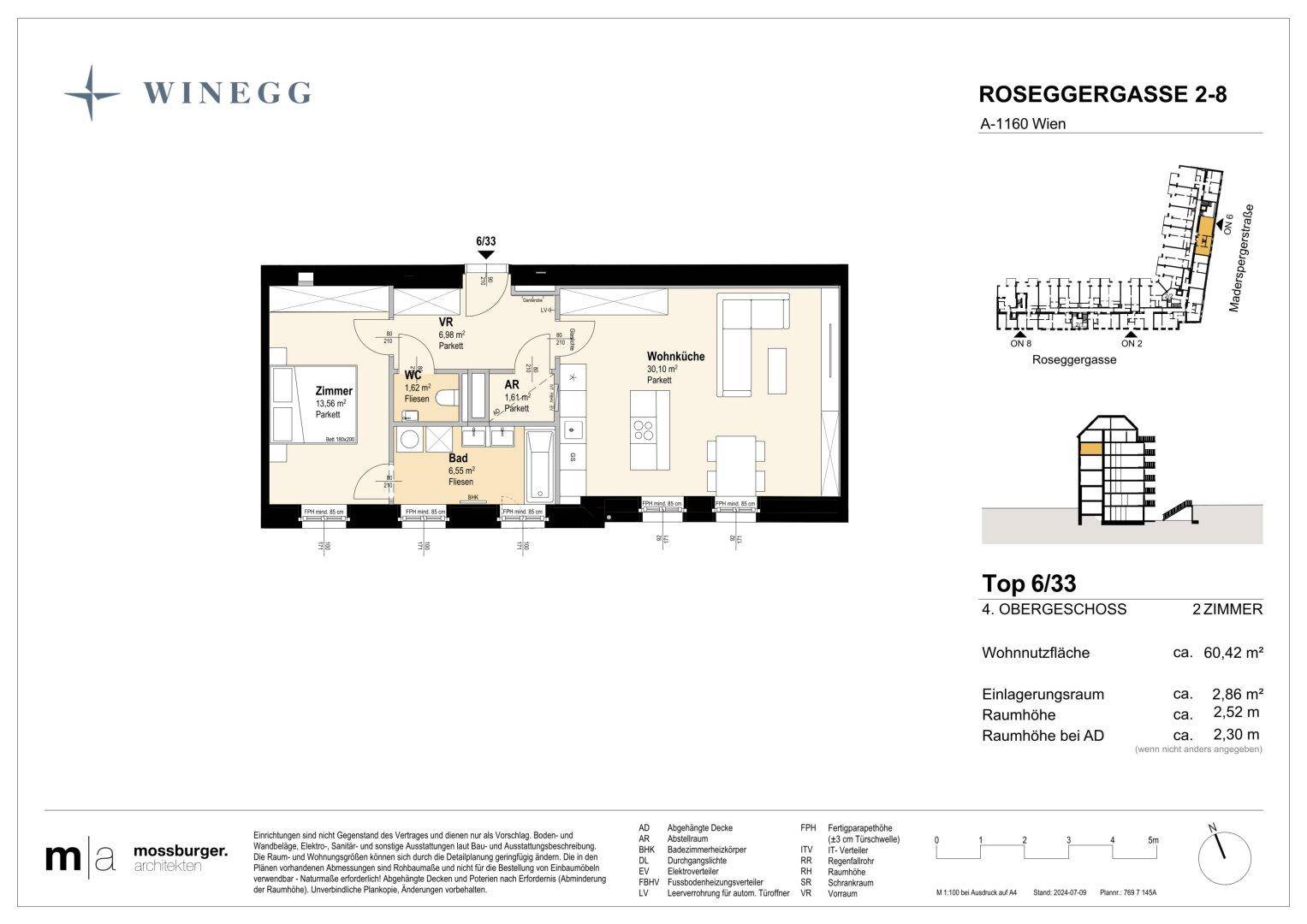 Grundriss einer 2-Zimmer-Wohnung mit offener Wohnküche, einem Schlafzimmer und separatem WC.