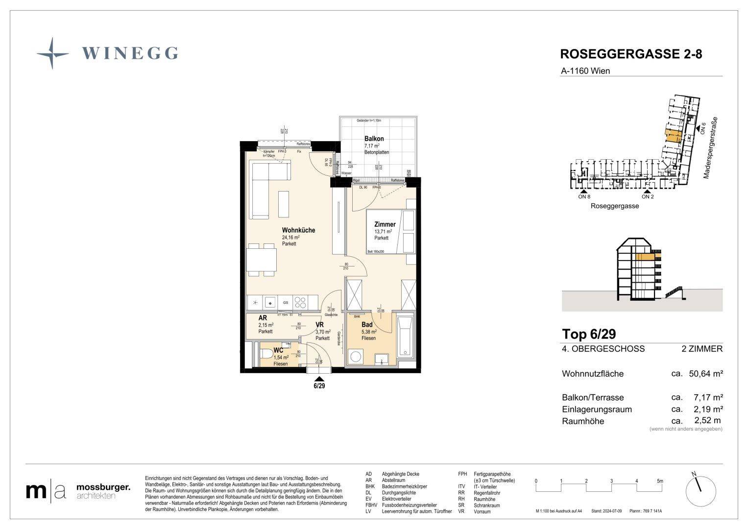 Grundriss einer 2-Zimmer-Wohnung im 4. Obergeschoss mit Balkon und separatem WC.