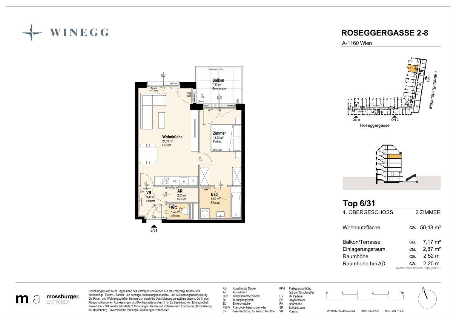 Grundriss einer Zweizimmerwohnung mit offenem Wohnbereich, Balkon und separatem Schlafzimmer.