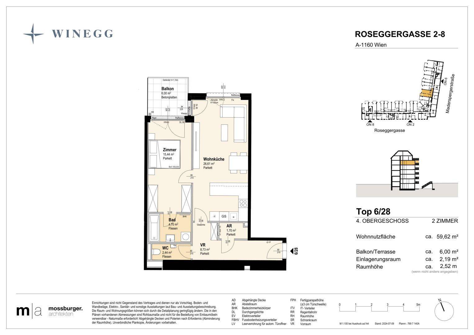 Grundriss einer 2-Zimmer-Wohnung mit Balkon, separatem WC und offenem Wohnbereich.